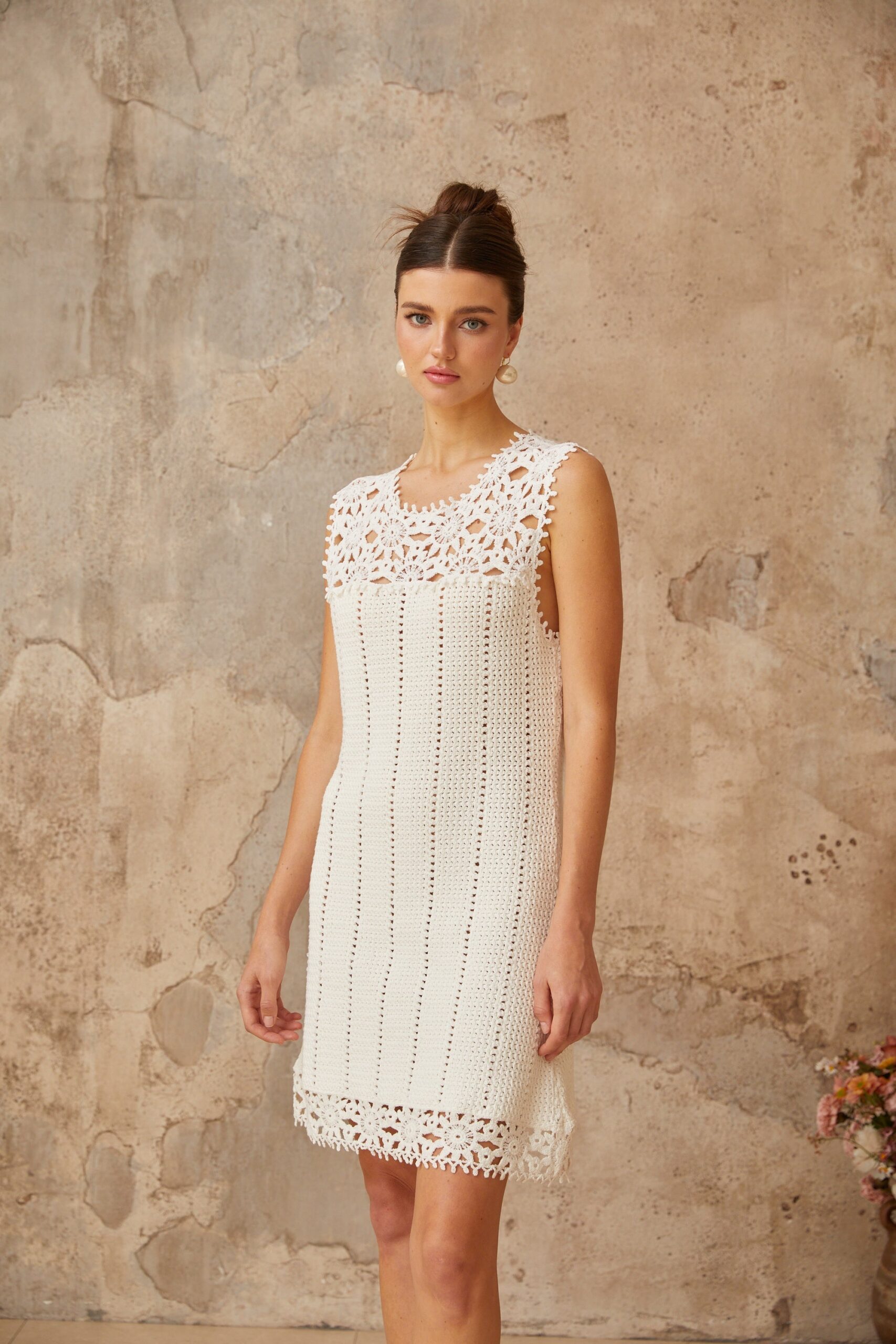 FLORAL CROCHET WHITE MINI DRESS, BOHO BEACH PARTY