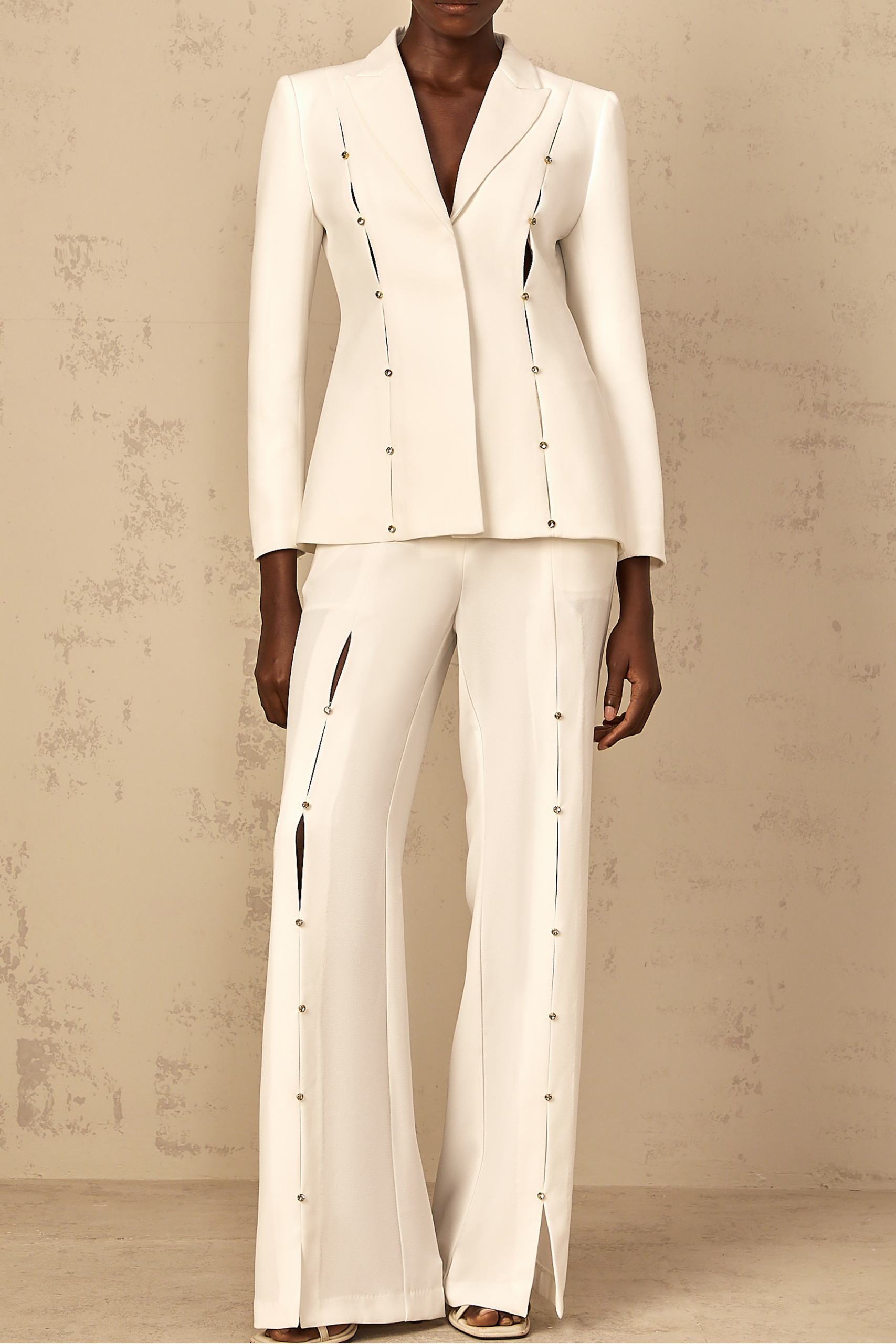 WHITE DIAMOND STUD HOLLOW OUT BLAZER SET