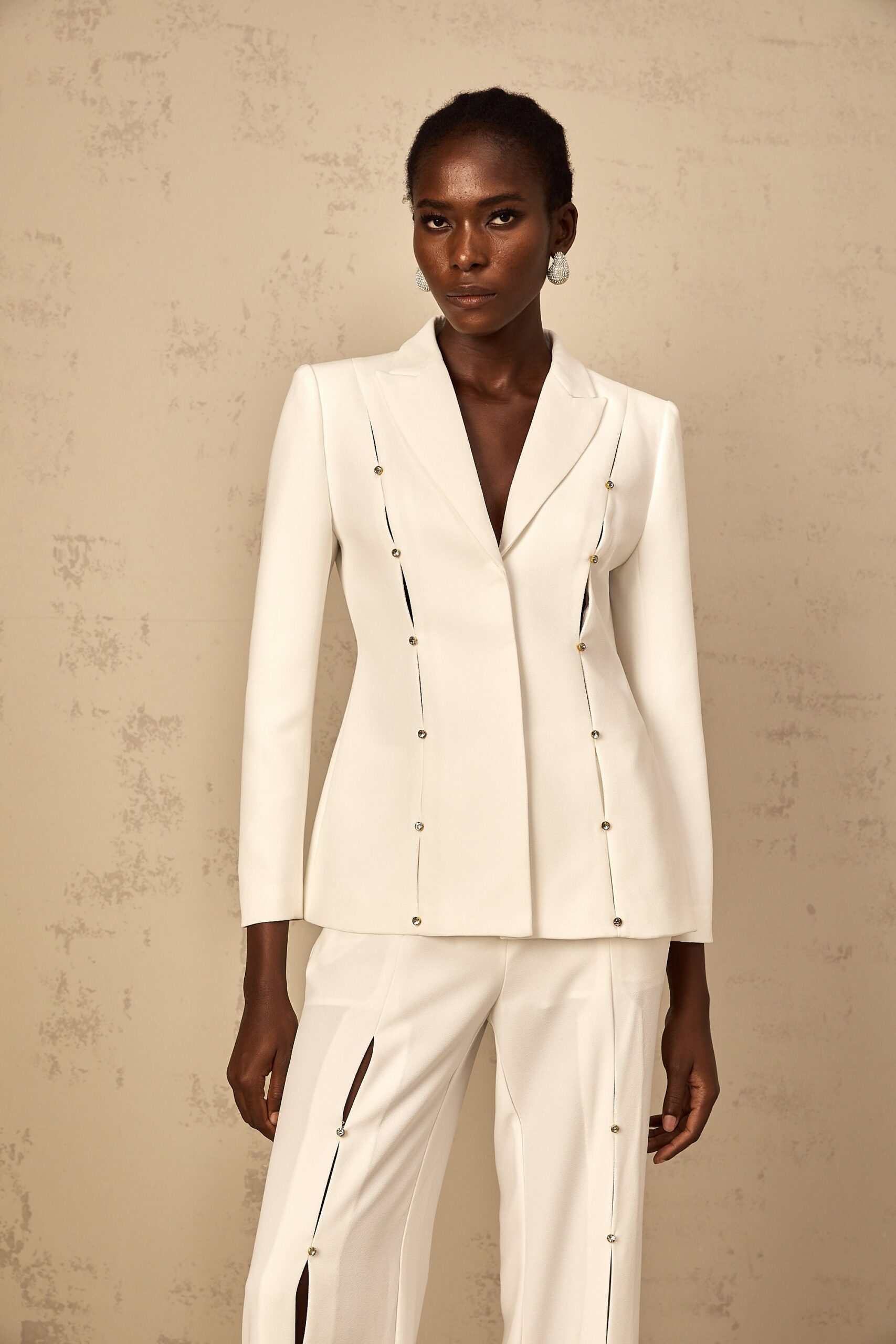 WHITE DIAMOND STUD HOLLOW OUT BLAZER SET