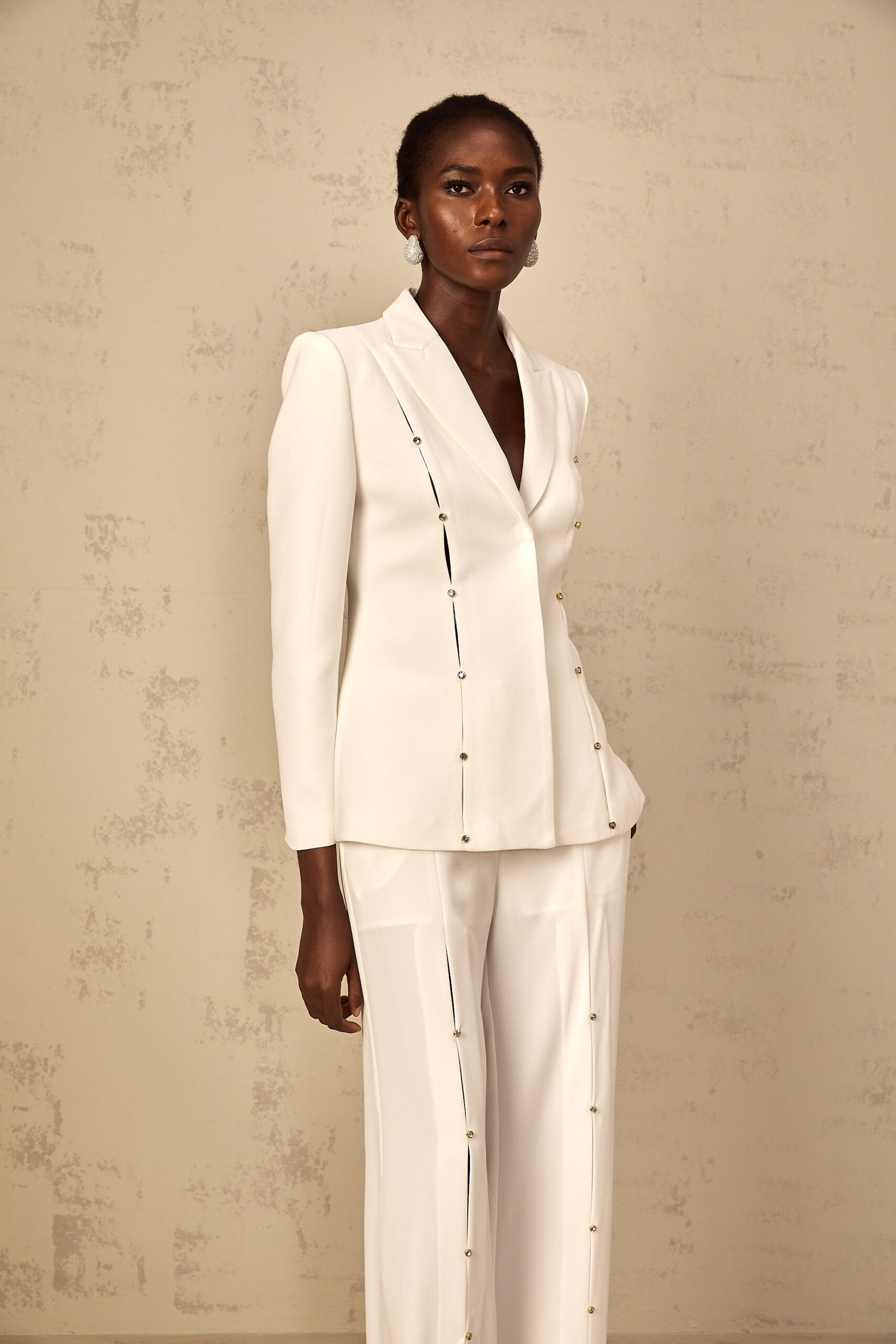 WHITE DIAMOND STUD HOLLOW OUT BLAZER SET