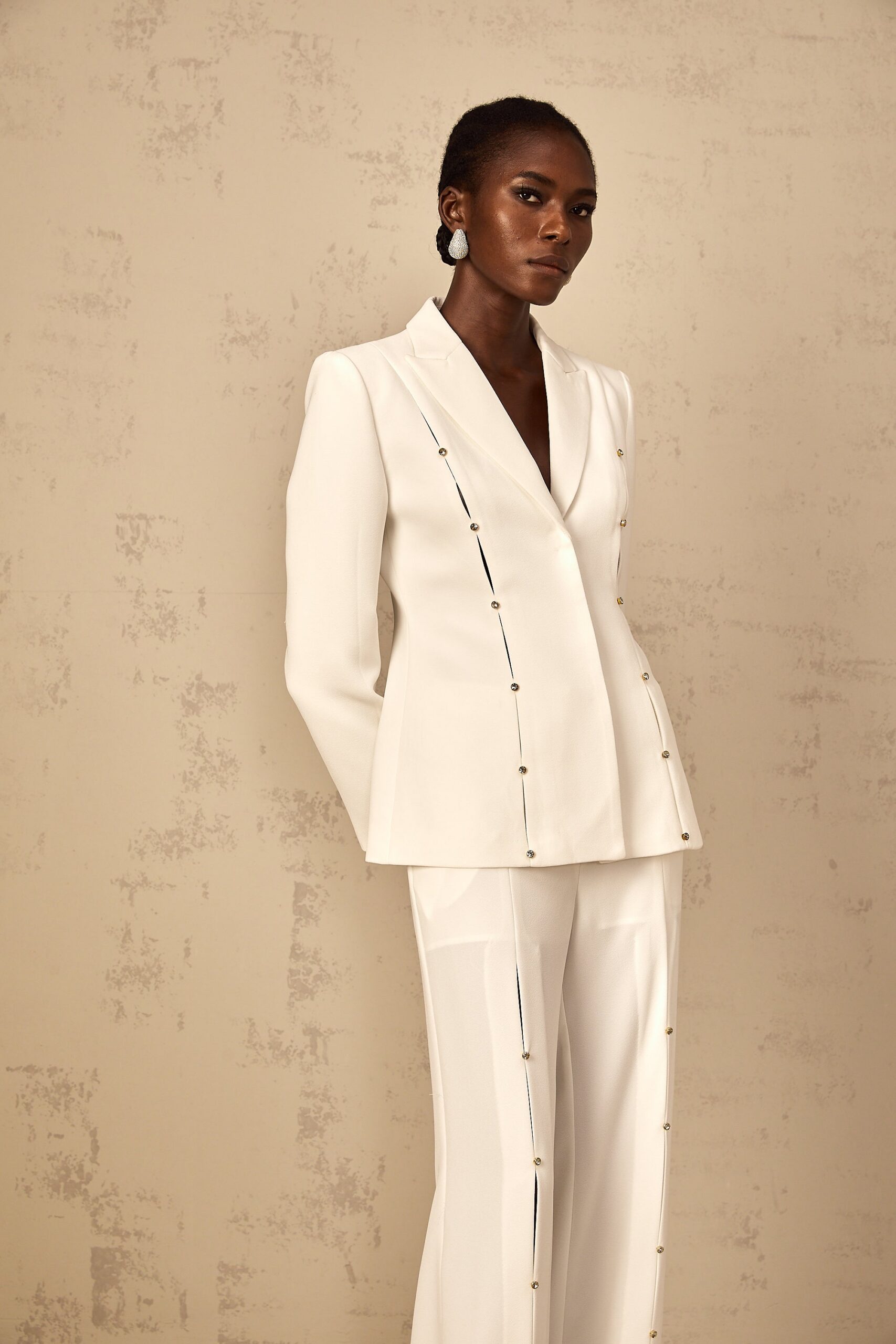 WHITE DIAMOND STUD HOLLOW OUT BLAZER SET