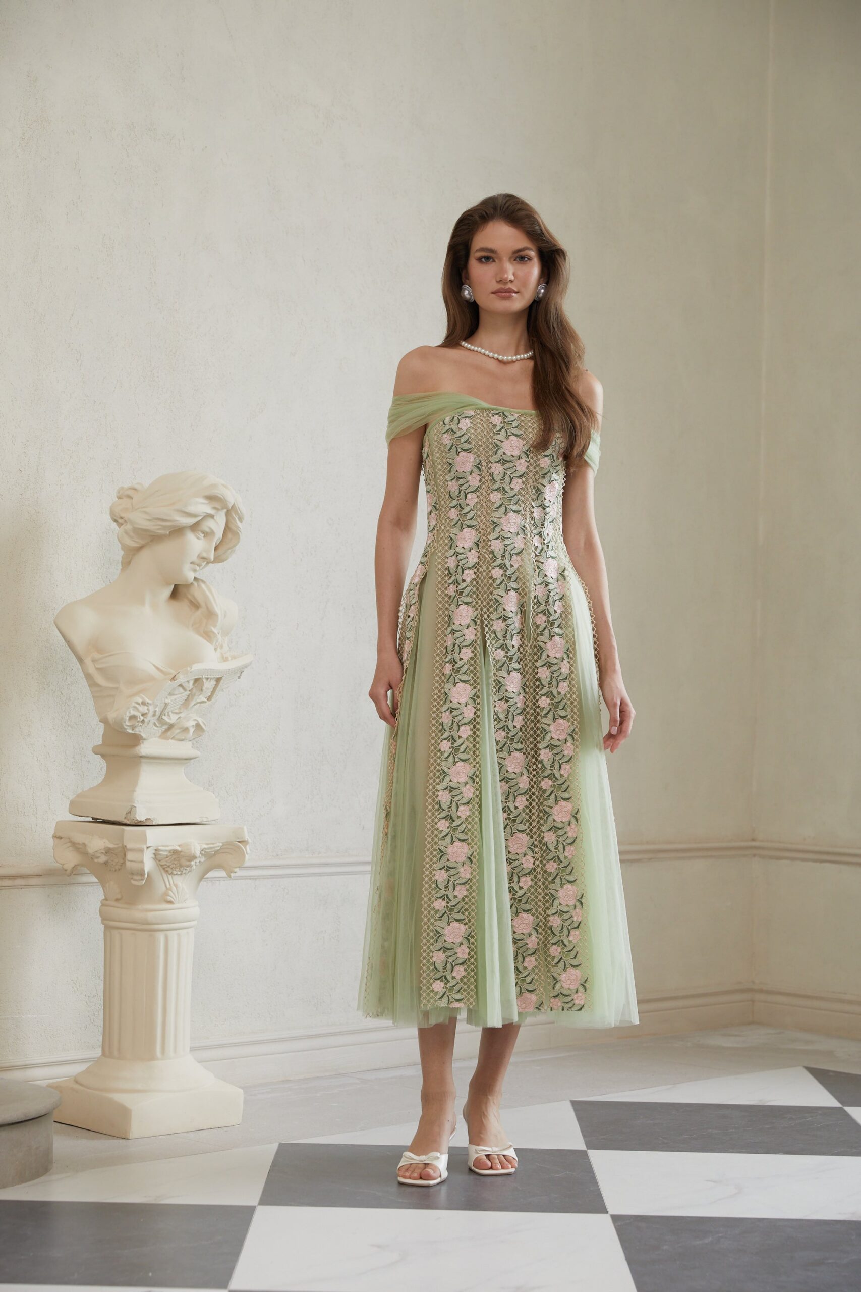 OCTAVIA FLORAL TULLE MIDI DRESS, GREEN