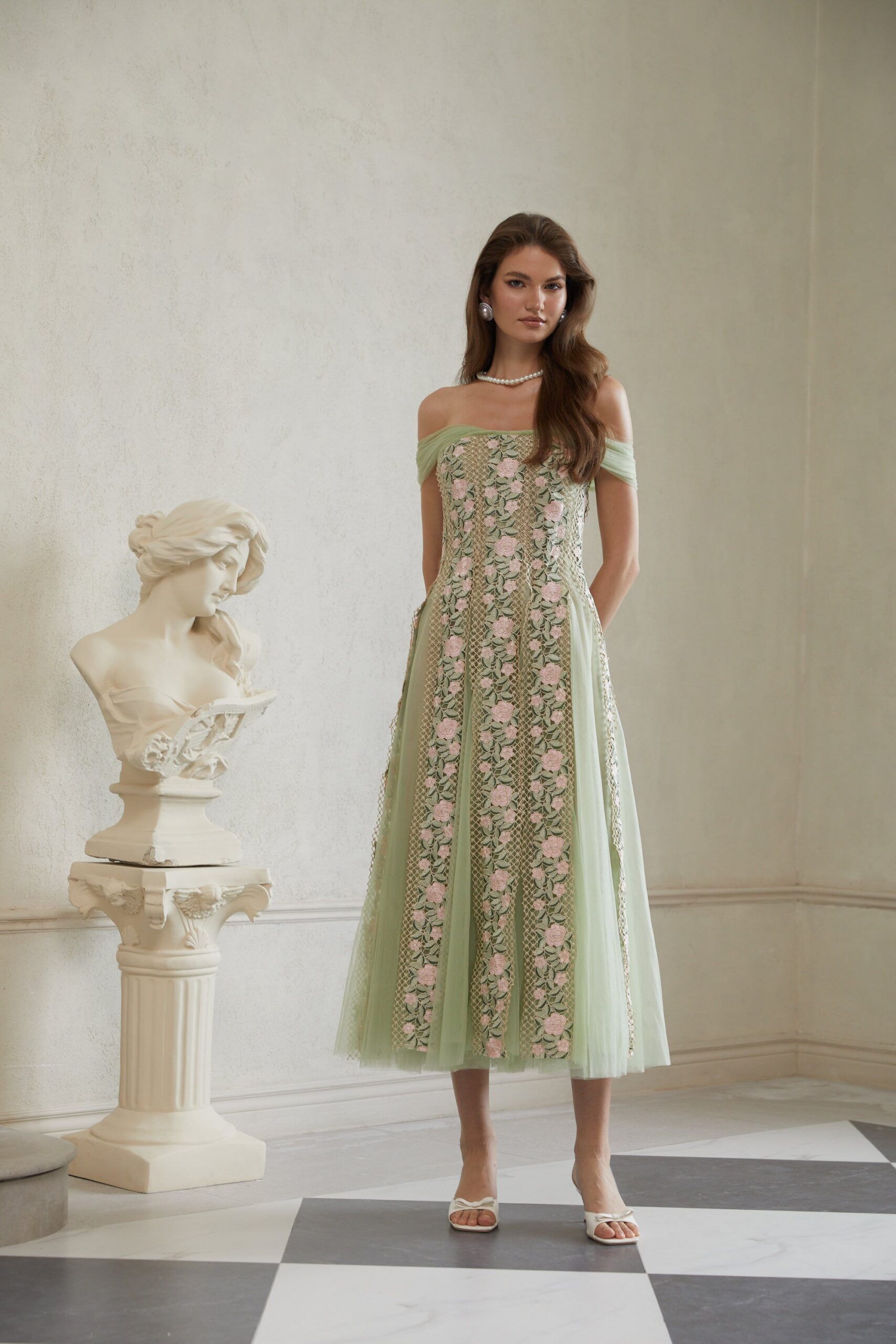 OCTAVIA FLORAL TULLE MIDI DRESS, GREEN