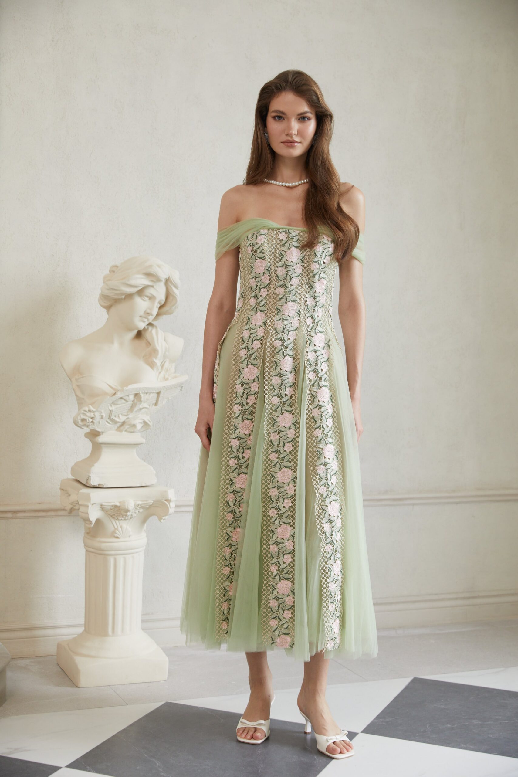 OCTAVIA FLORAL TULLE MIDI DRESS, GREEN