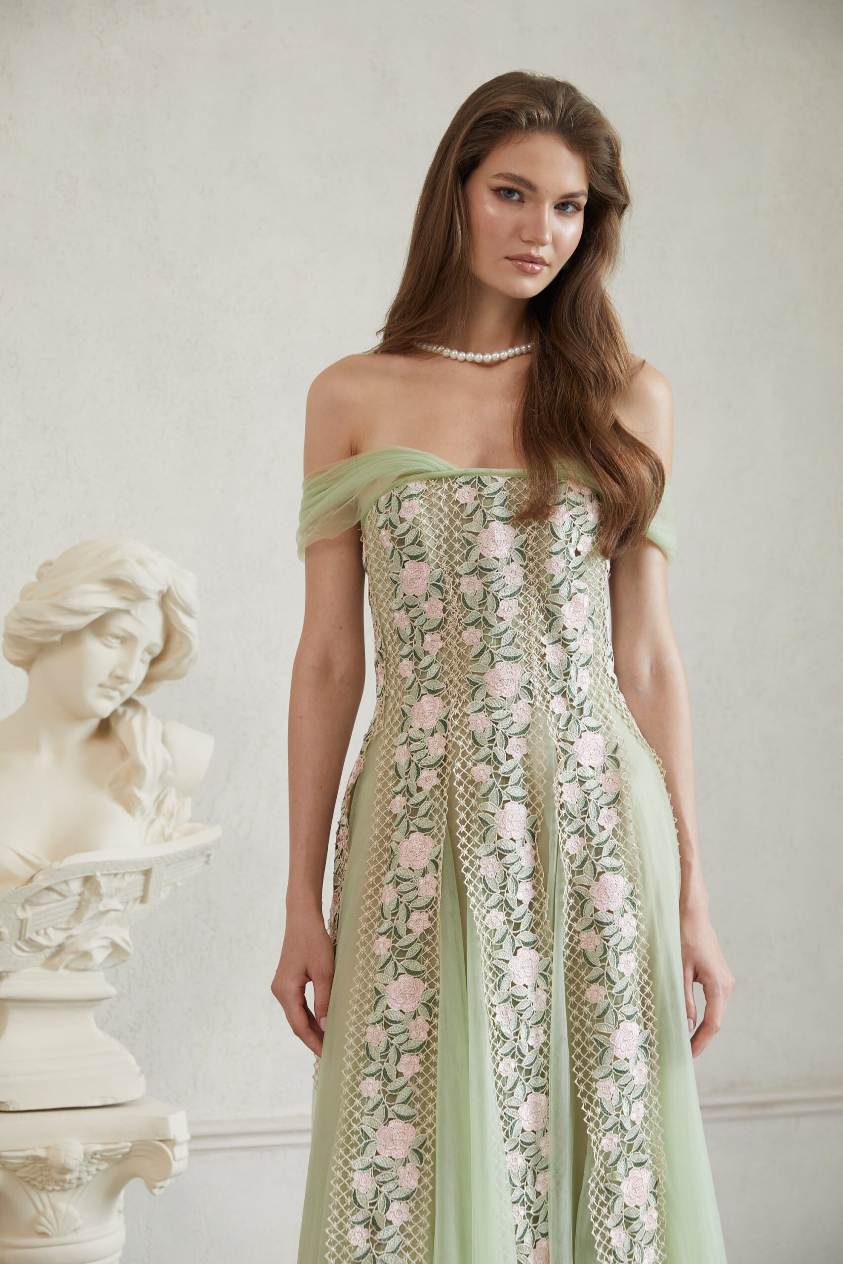 OCTAVIA FLORAL TULLE MIDI DRESS, GREEN