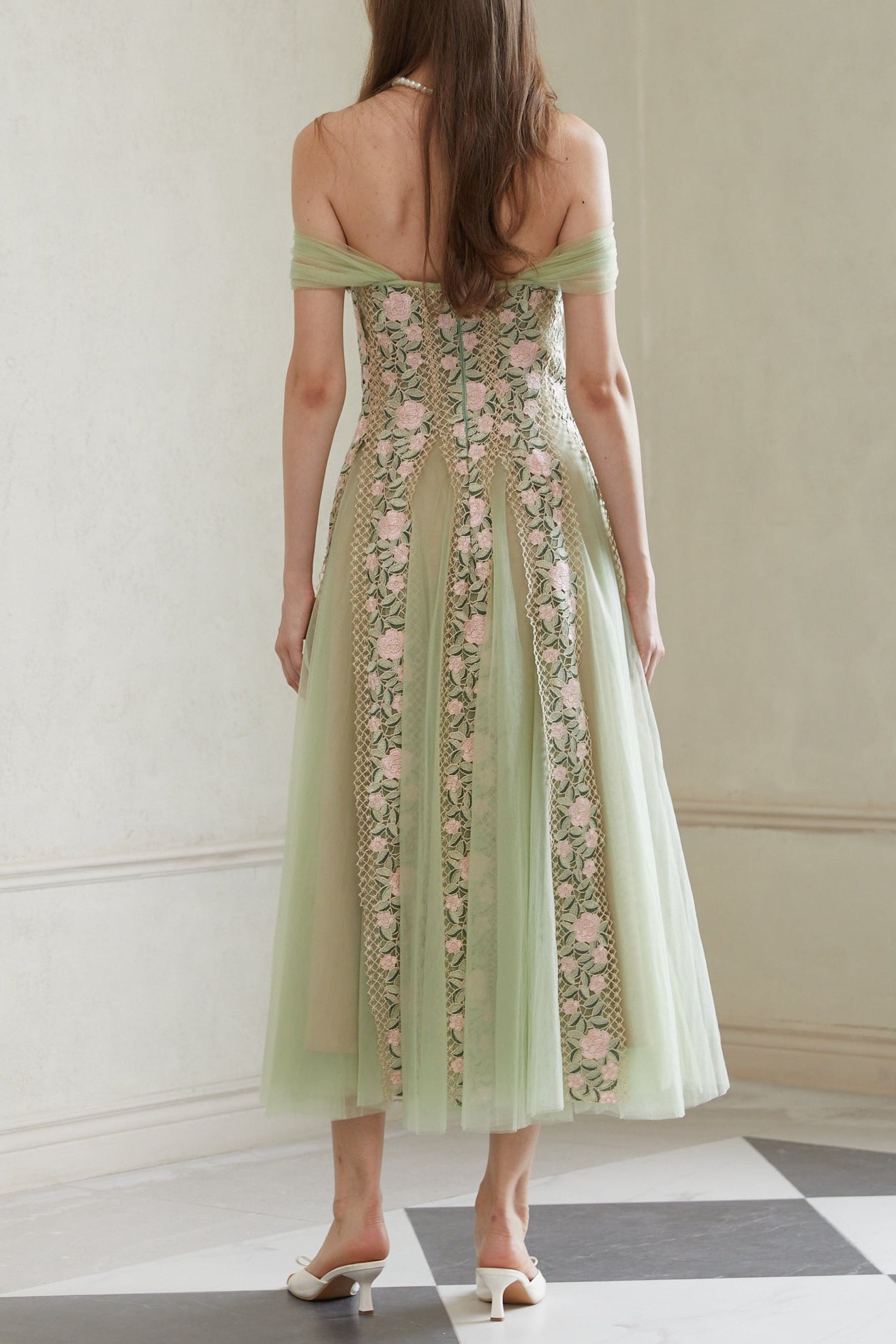OCTAVIA FLORAL TULLE MIDI DRESS, GREEN