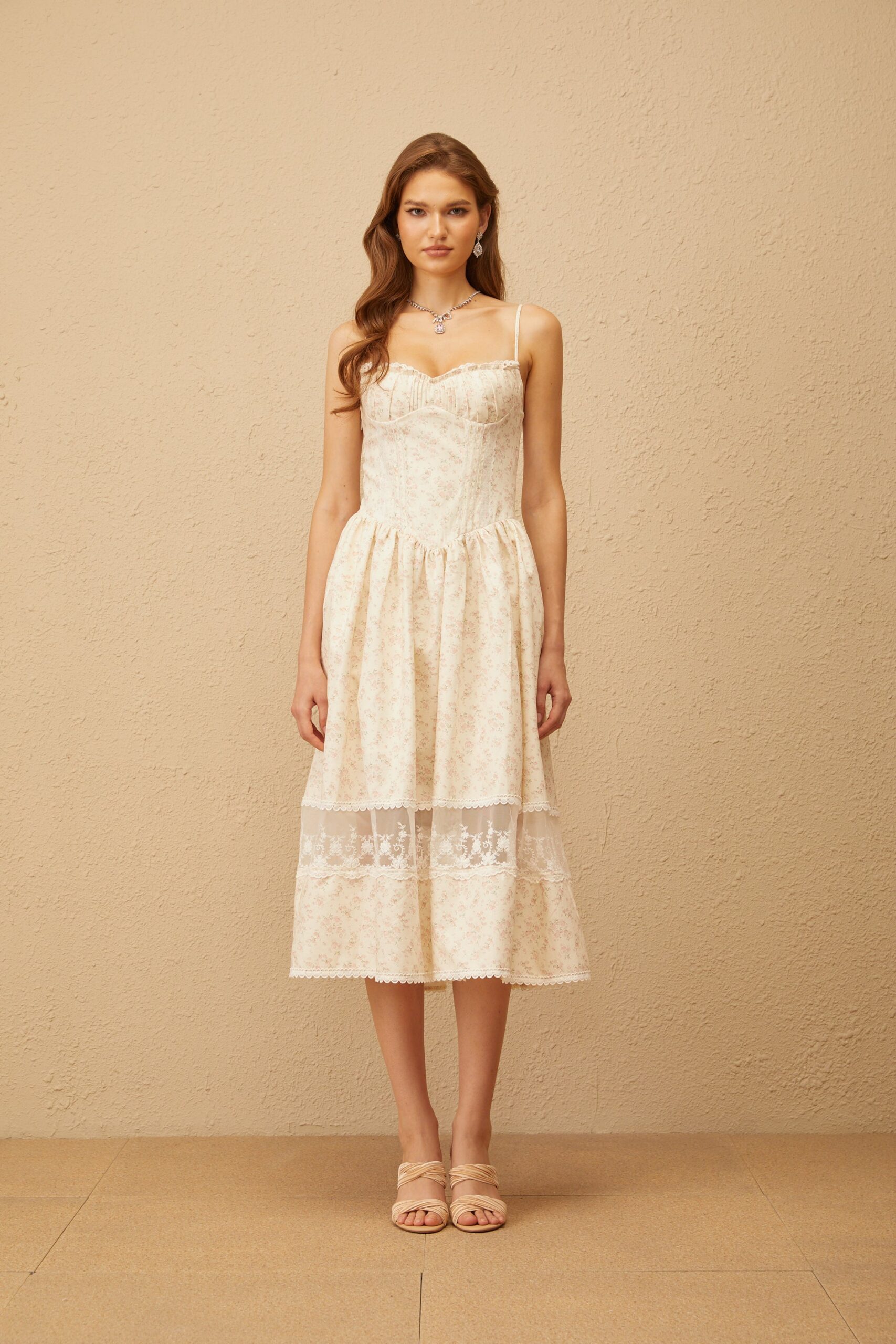 KIMBERLY LACE TRIM FLORAL MIDI DRESS WHITE