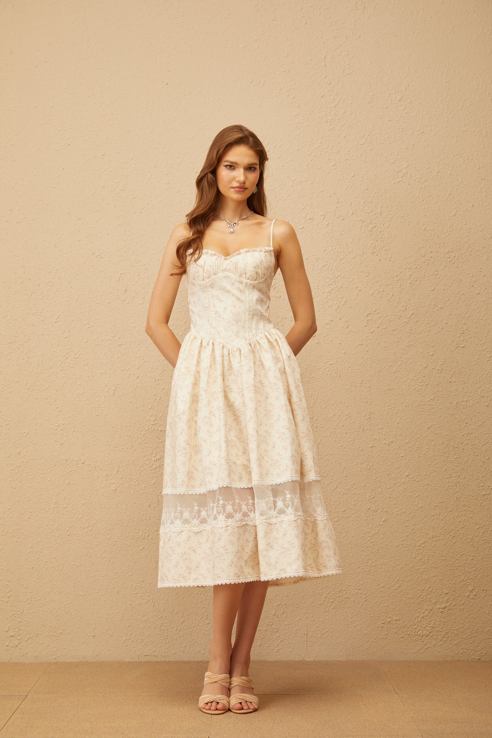 KIMBERLY LACE TRIM FLORAL MIDI DRESS WHITE