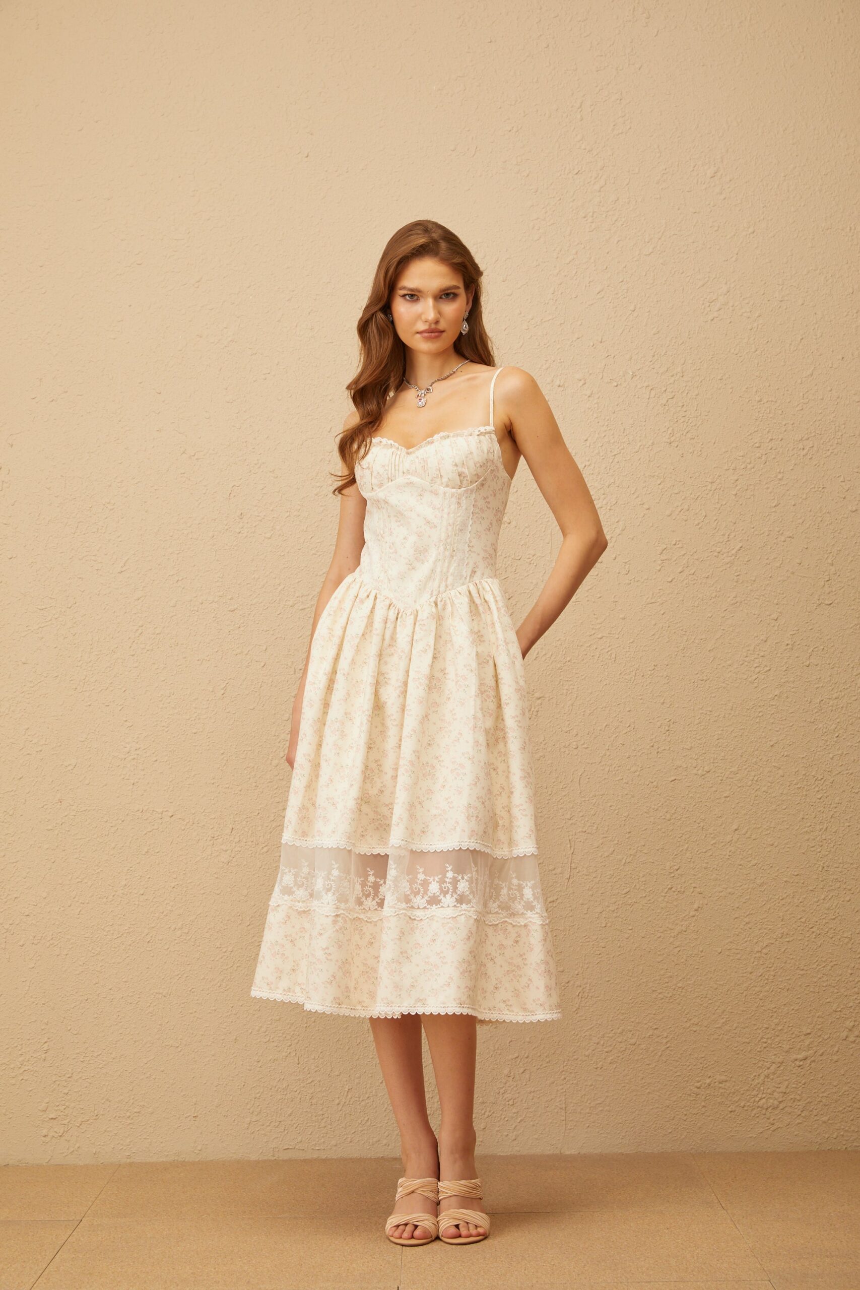KIMBERLY LACE TRIM FLORAL MIDI DRESS WHITE