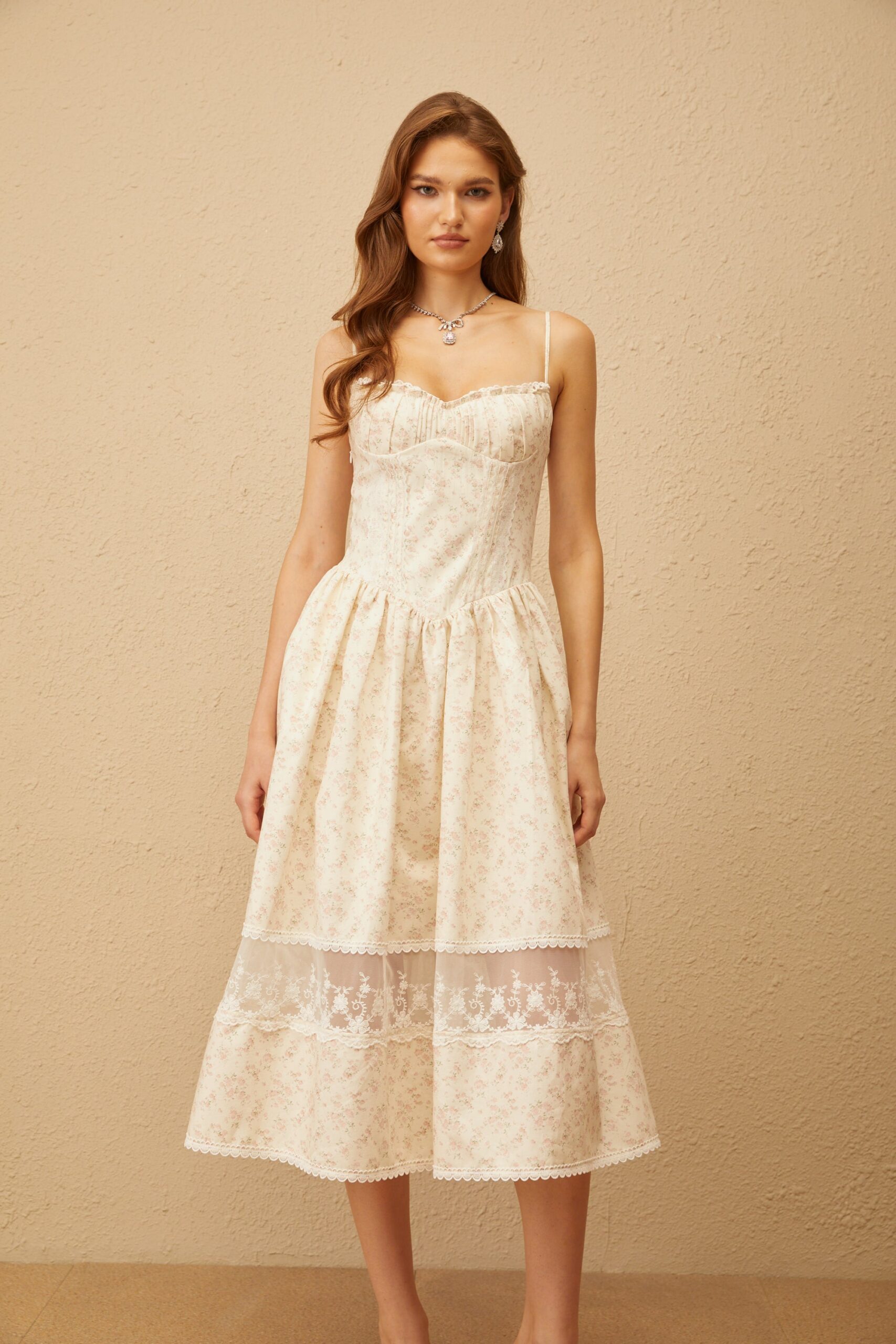 KIMBERLY LACE TRIM FLORAL MIDI DRESS WHITE