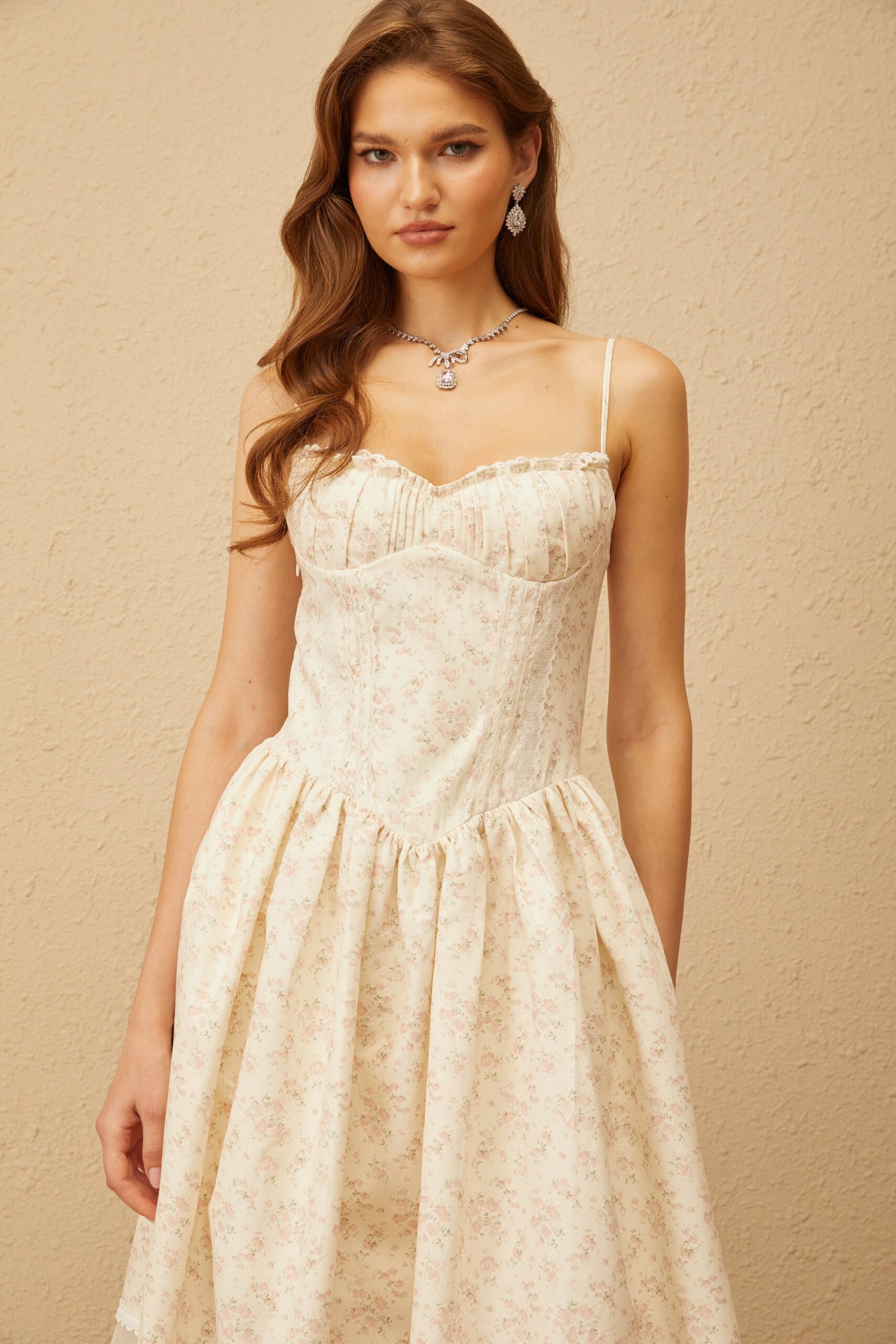 KIMBERLY LACE TRIM FLORAL MIDI DRESS WHITE