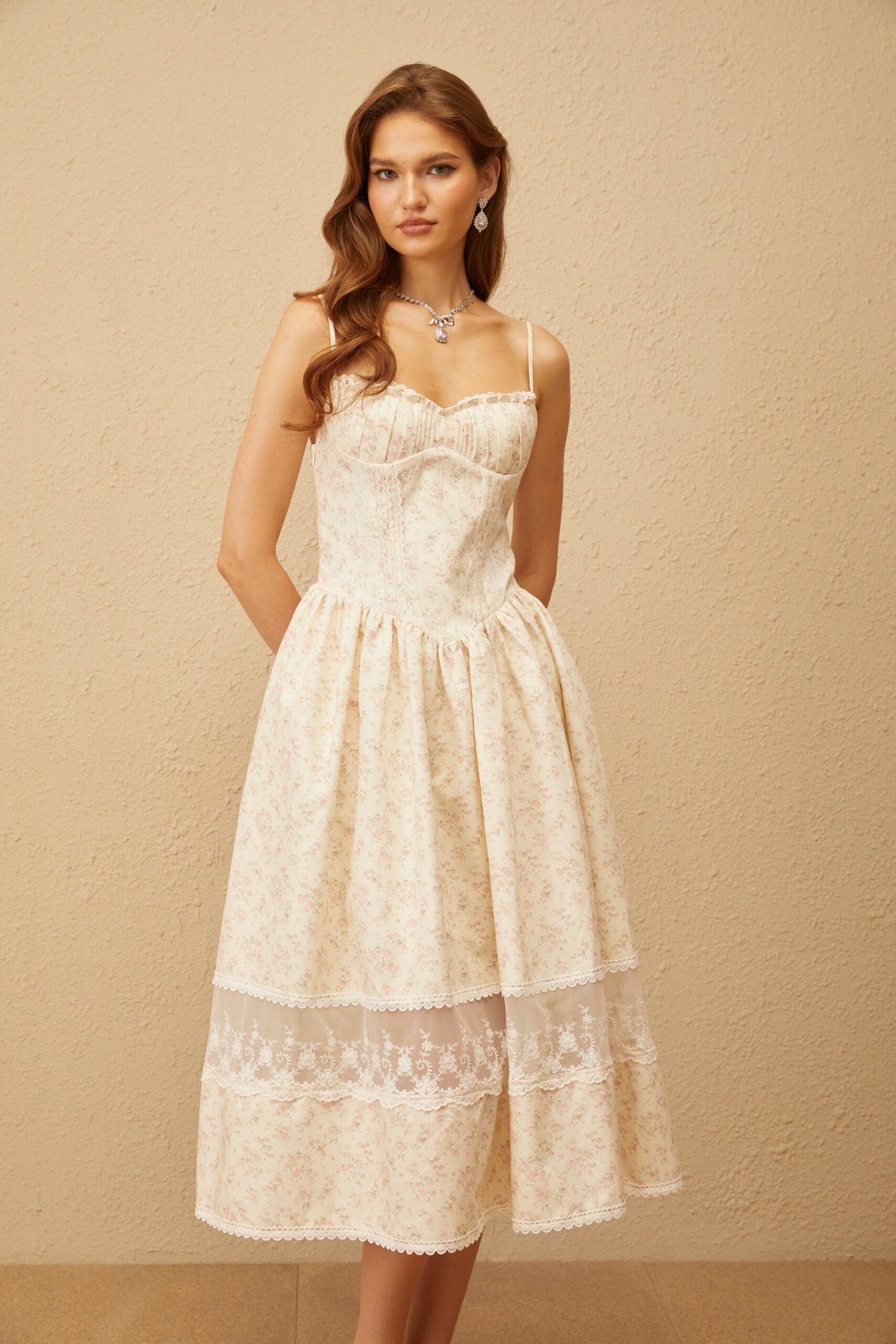 KIMBERLY LACE TRIM FLORAL MIDI DRESS WHITE
