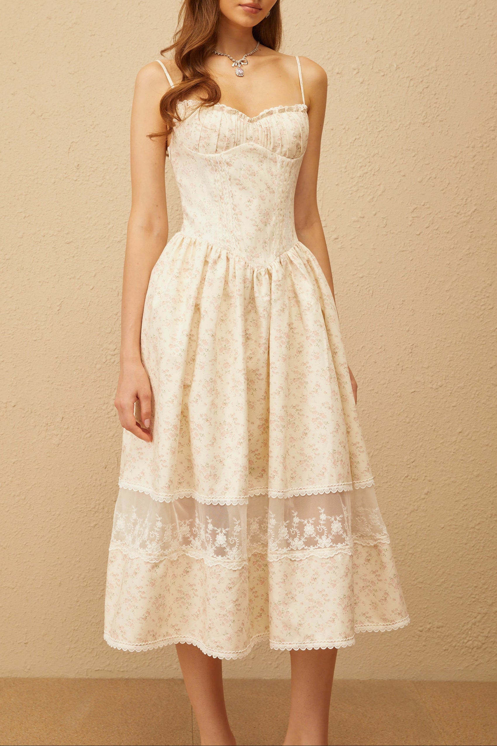 KIMBERLY LACE TRIM FLORAL MIDI DRESS WHITE