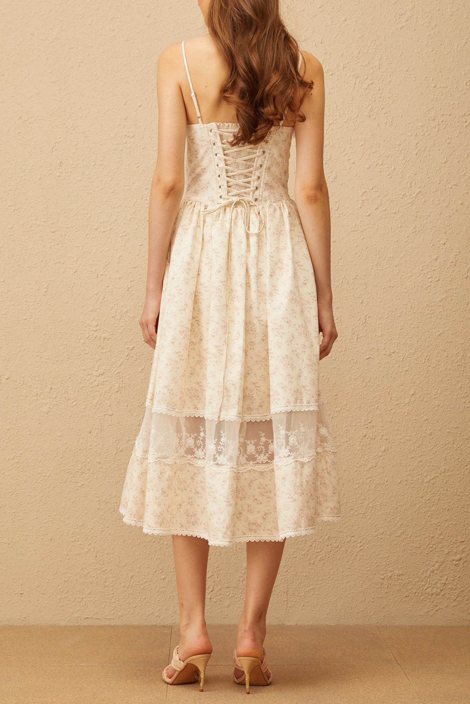 KIMBERLY LACE TRIM FLORAL MIDI DRESS WHITE