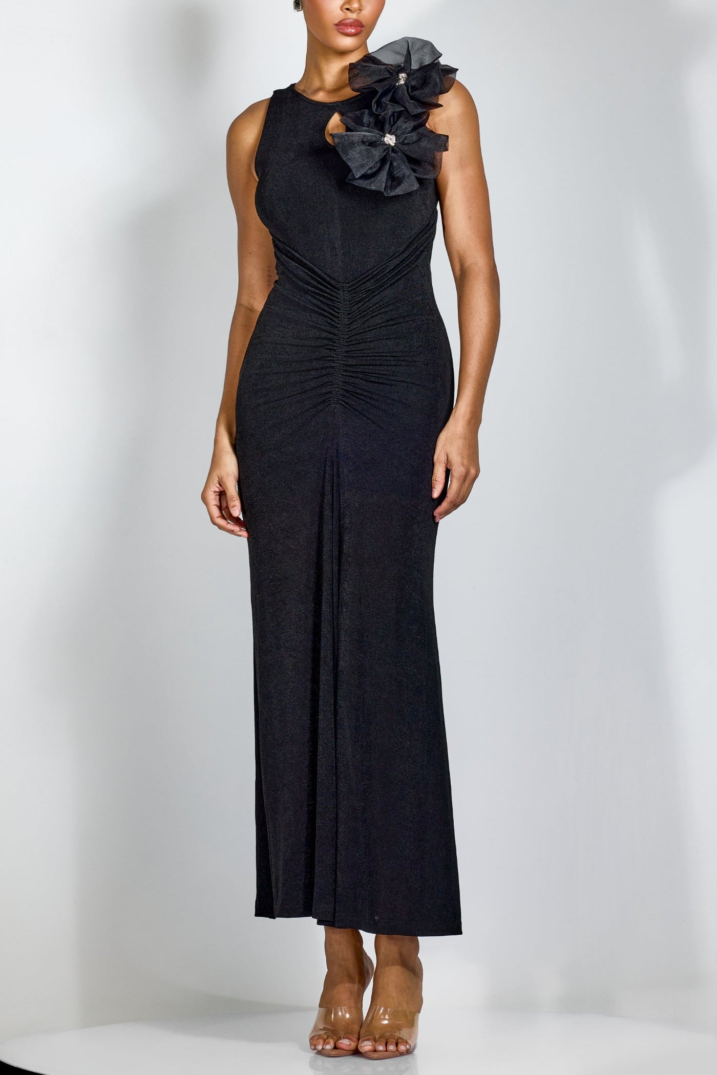 NICOLA FLOWER BOW PLEATED BODYCON MAXI DRESS