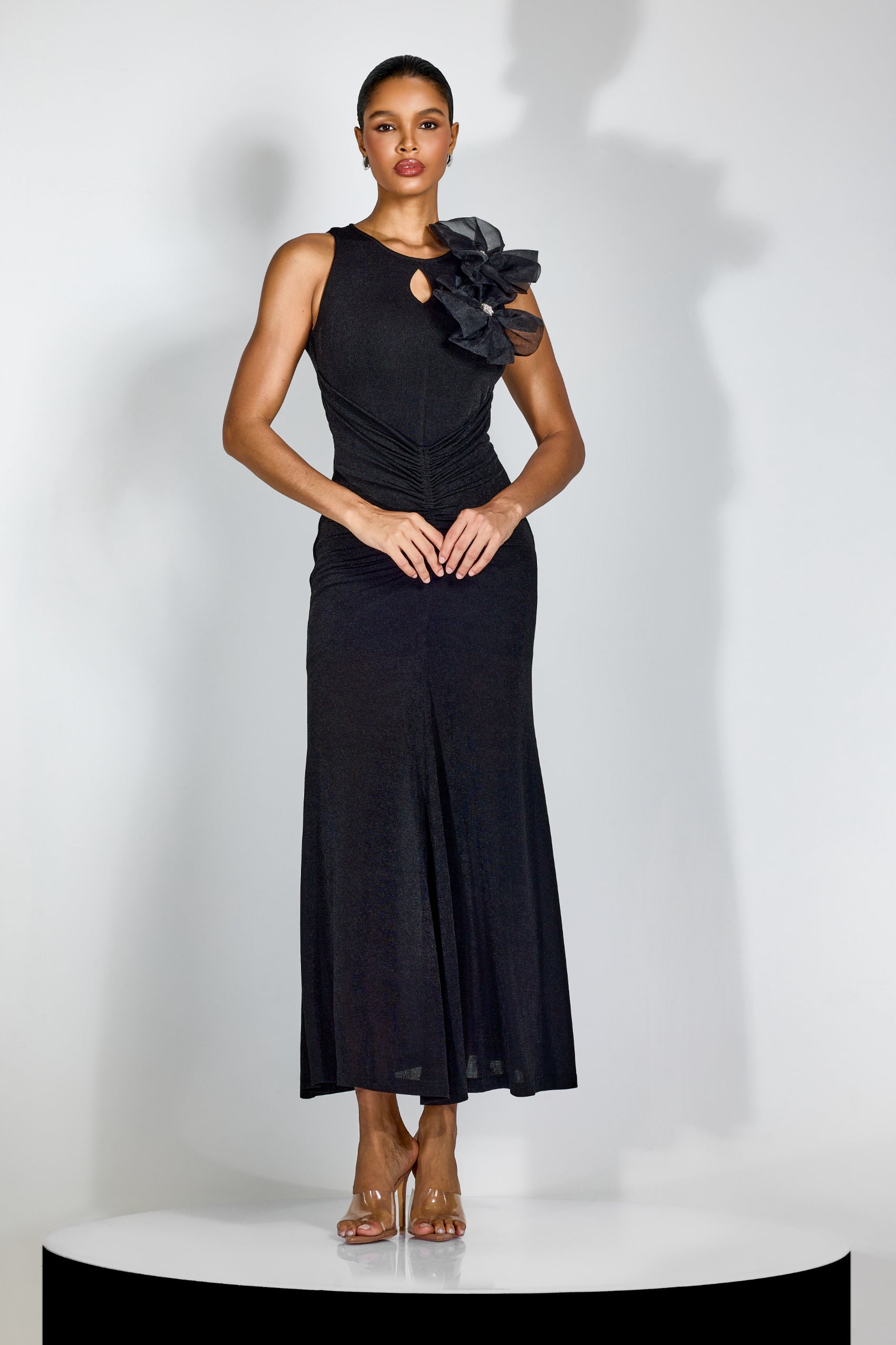 NICOLA FLOWER BOW PLEATED BODYCON MAXI DRESS