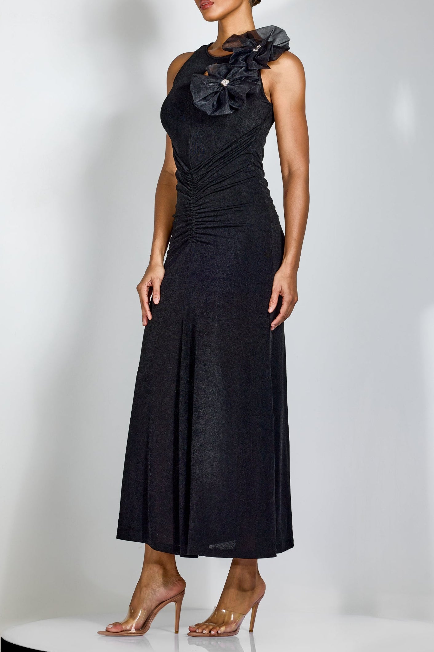 NICOLA FLOWER BOW PLEATED BODYCON MAXI DRESS