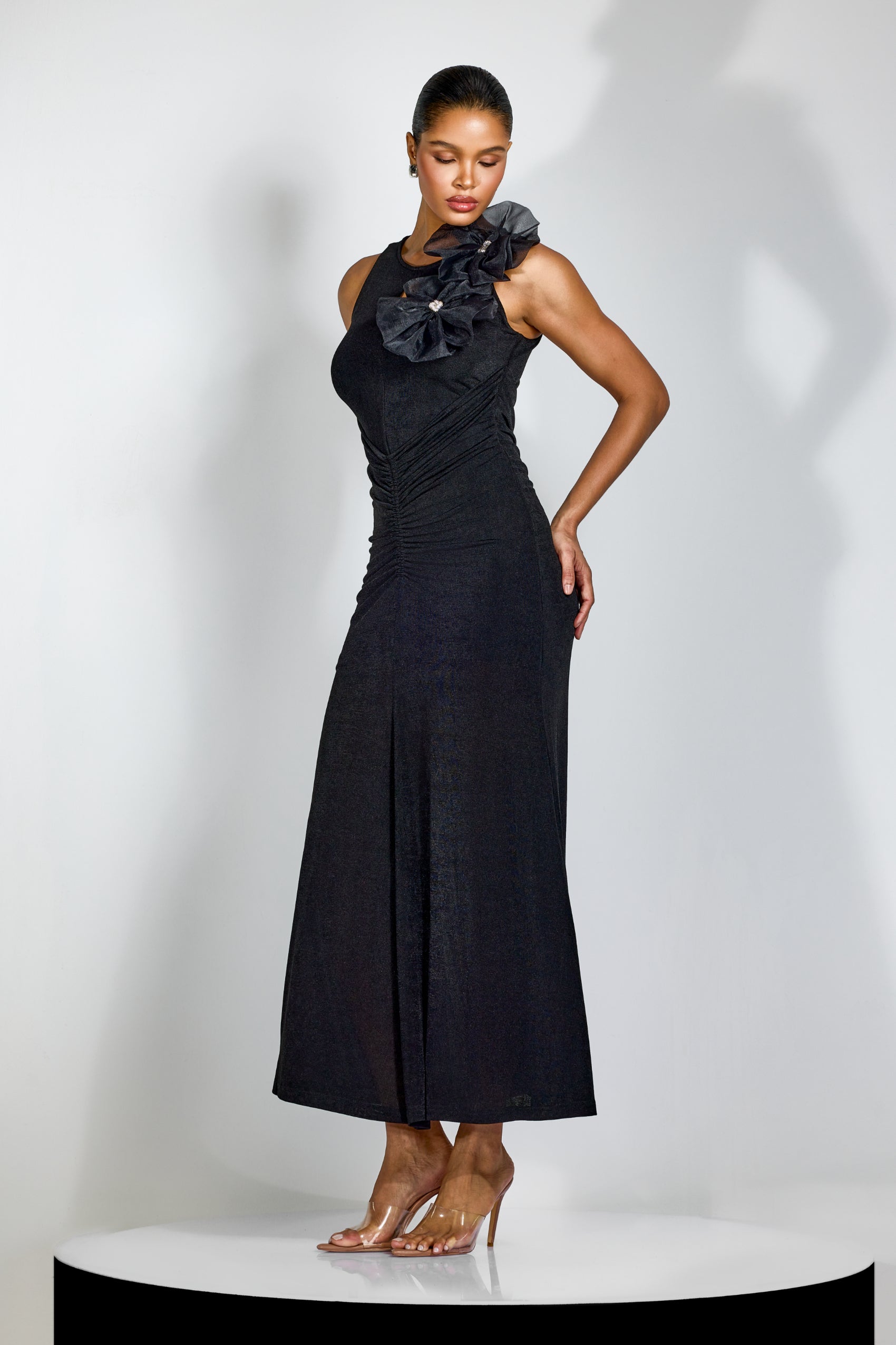 NICOLA FLOWER BOW PLEATED BODYCON MAXI DRESS