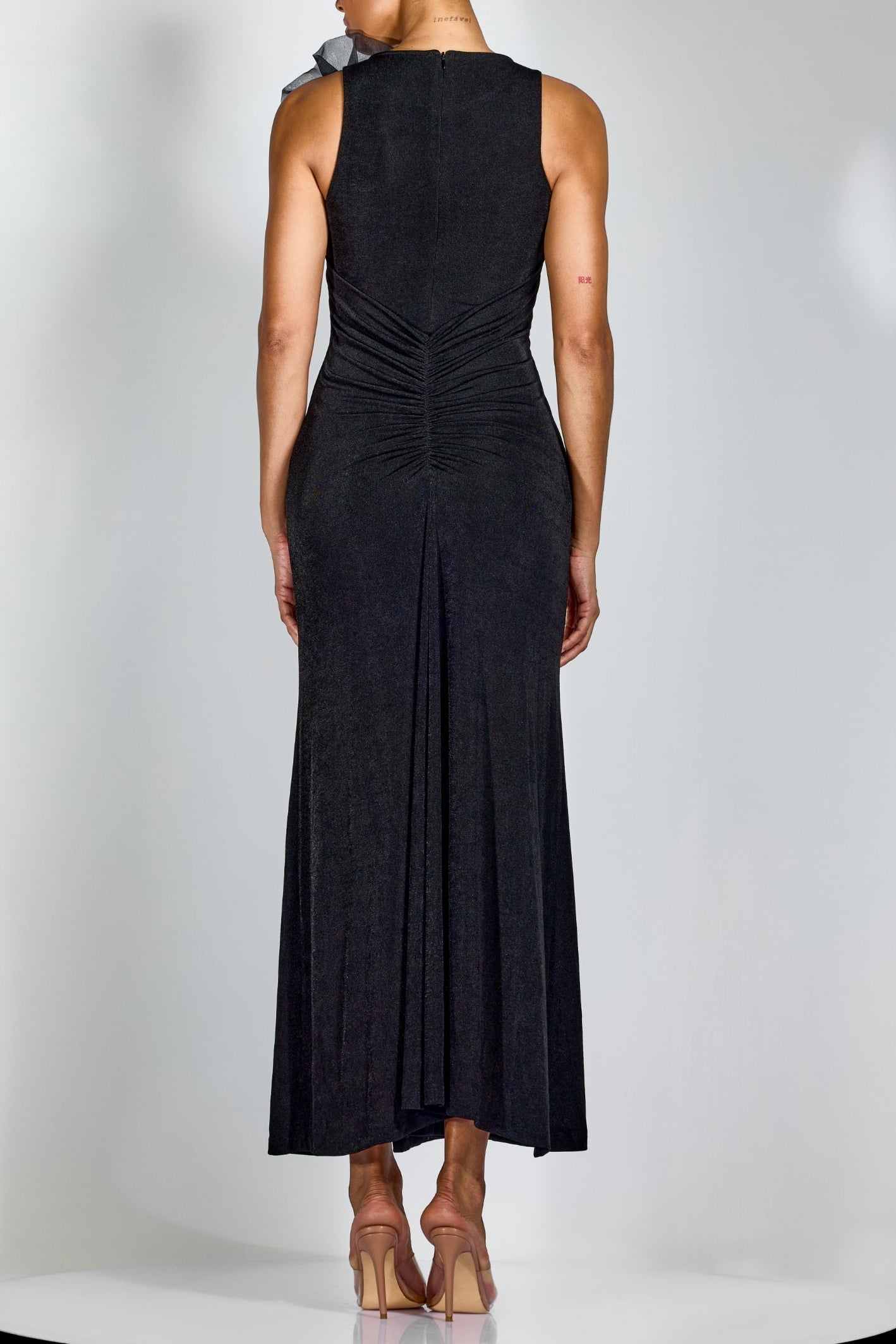 NICOLA FLOWER BOW PLEATED BODYCON MAXI DRESS