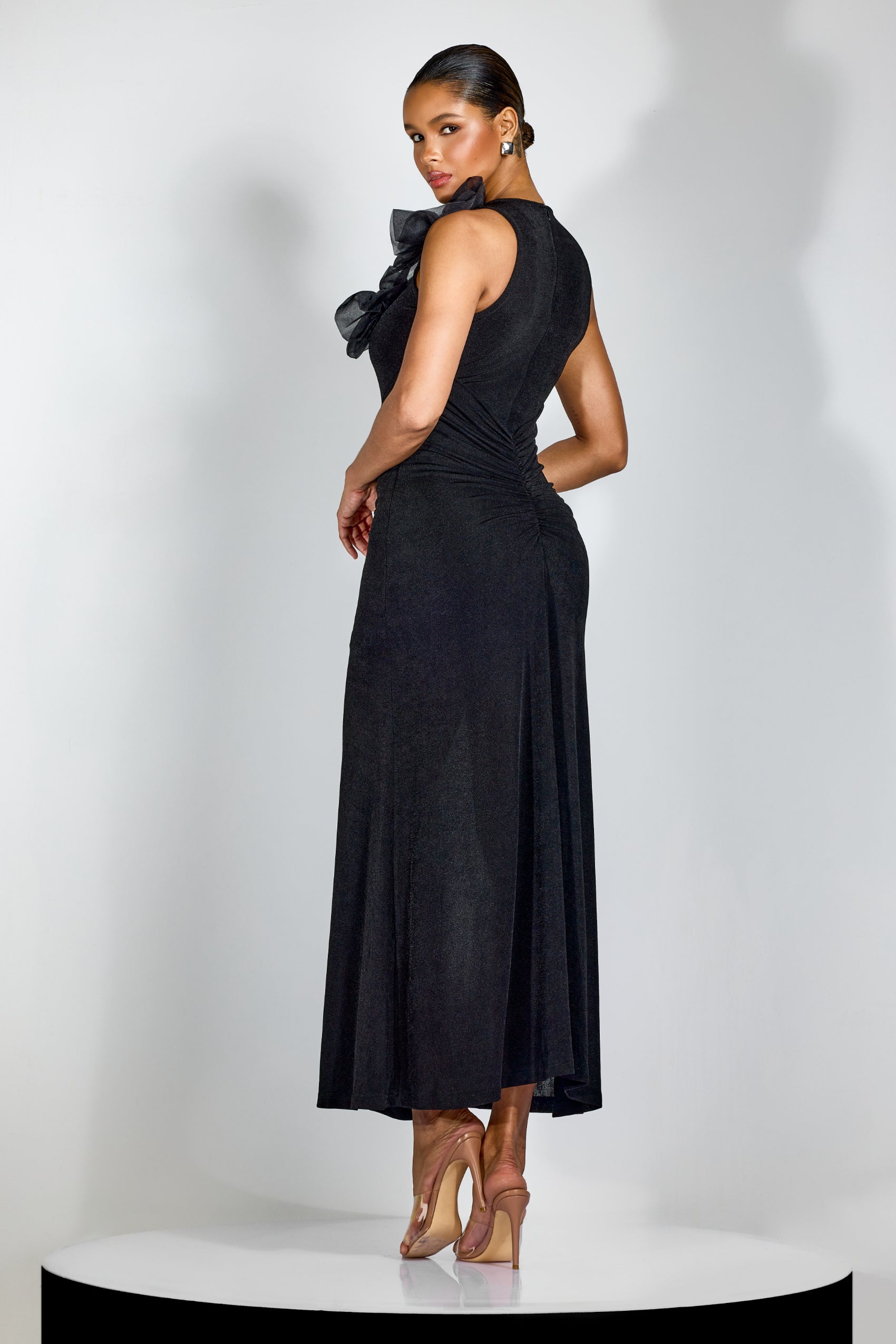 NICOLA FLOWER BOW PLEATED BODYCON MAXI DRESS