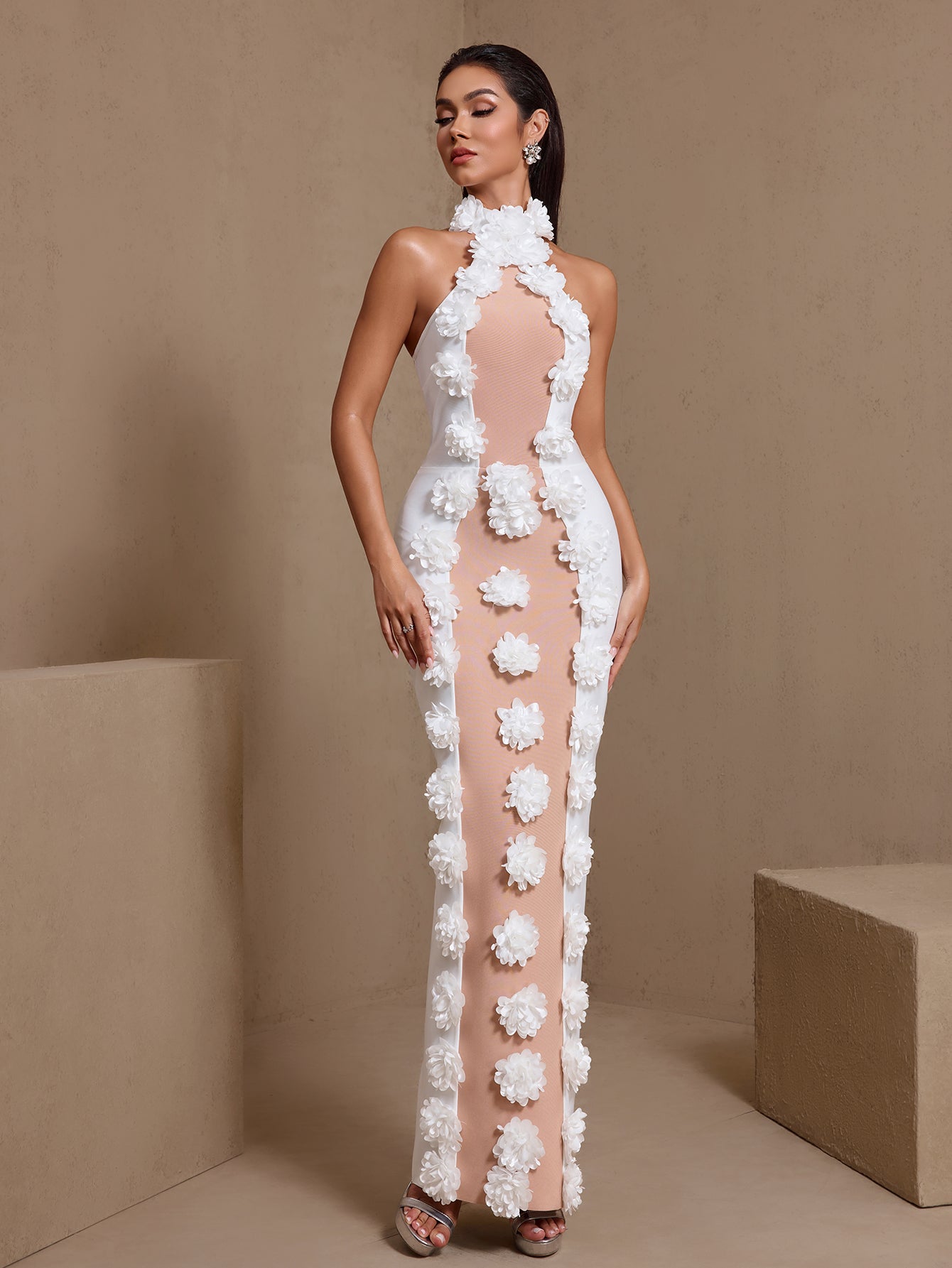 JENNIFER WHITE HALTER 3D FLOWER BANDAGE MAXI DRESS