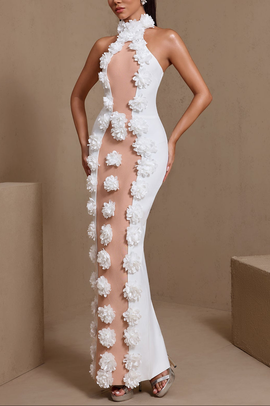 JENNIFER WHITE HALTER 3D FLOWER BANDAGE MAXI DRESS