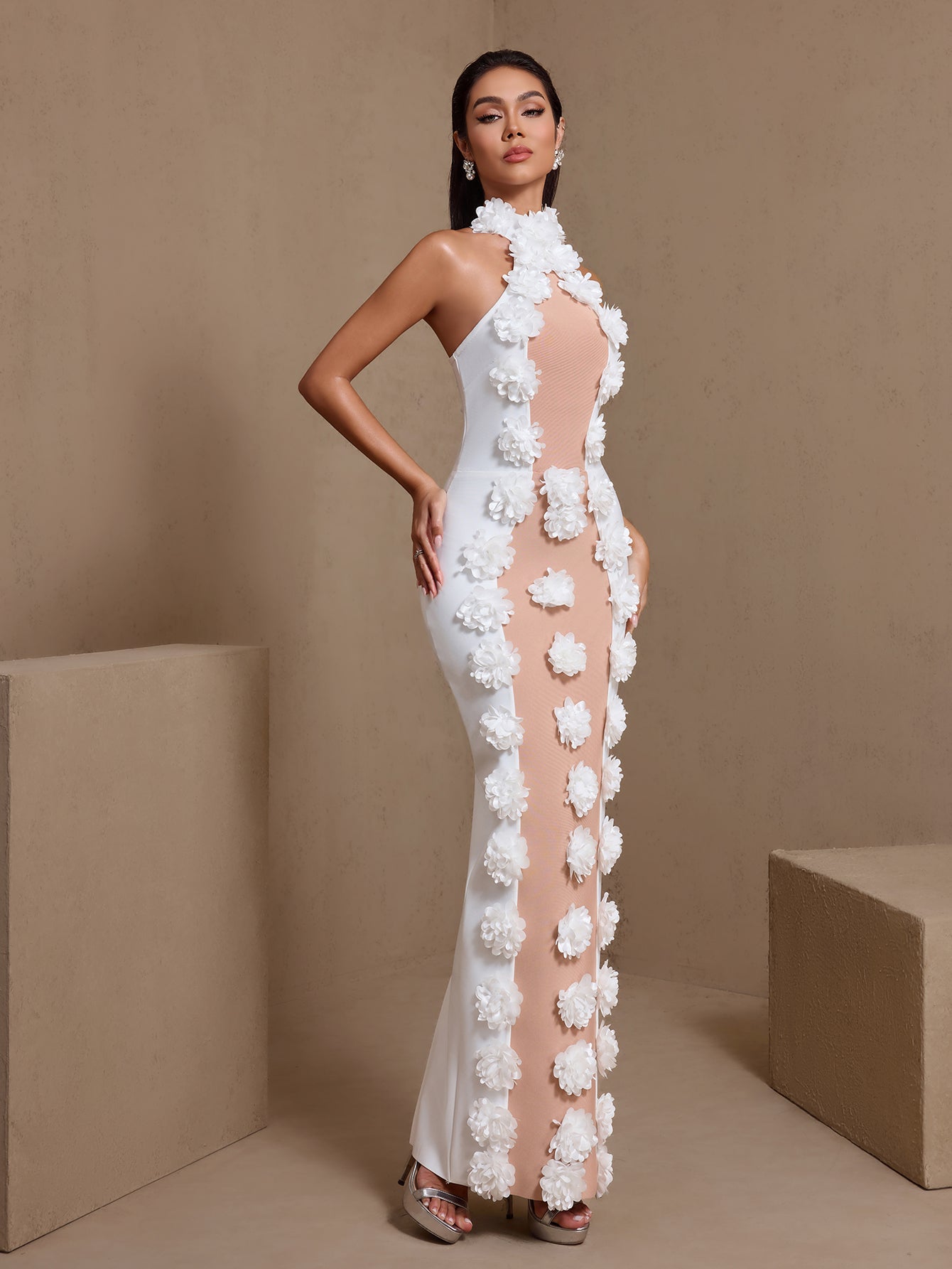 JENNIFER WHITE HALTER 3D FLOWER BANDAGE MAXI DRESS