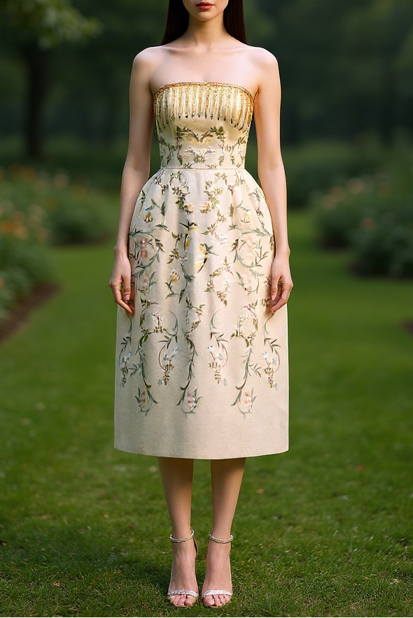 EMBROIDERED BEIGE MIDI DRESS FOR WEDDING GUEST