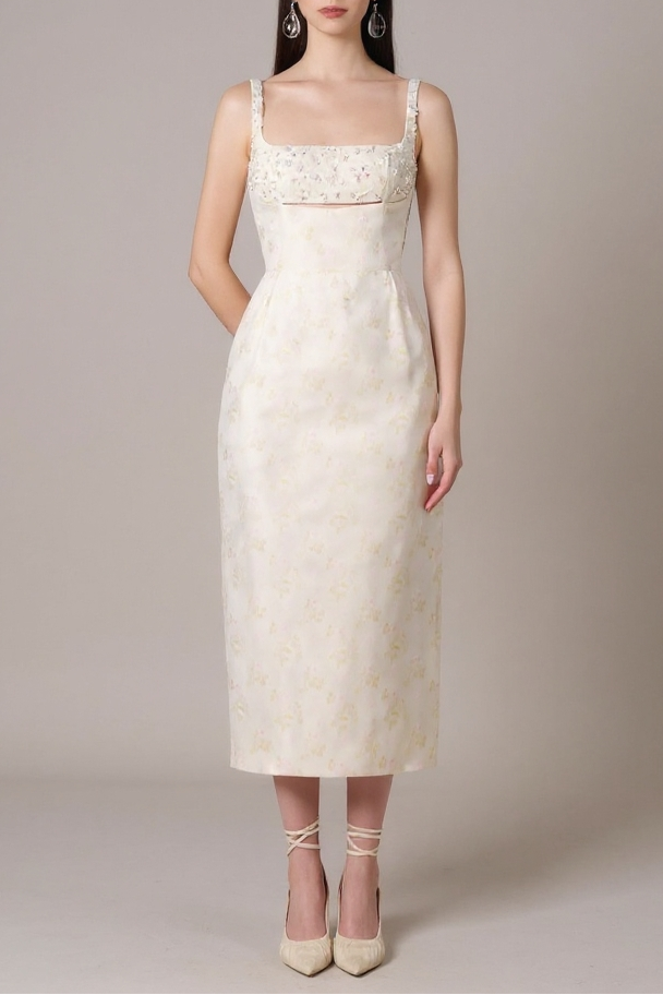 BEADED BROCADE PENCIL MIDI DRESS FOR EVENING