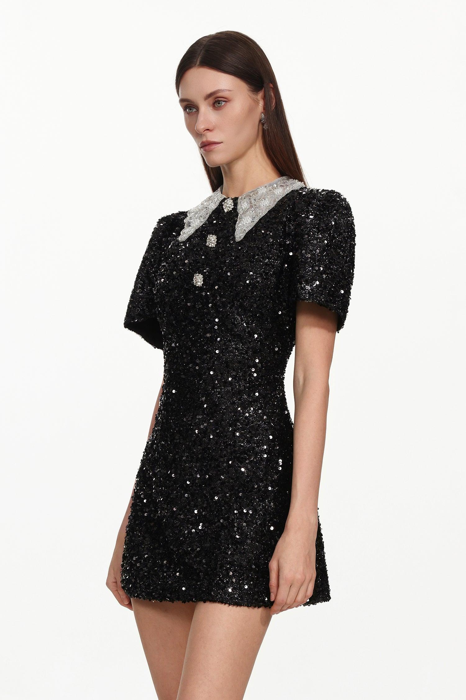 DORA SEQUIN MINI DRESS - BLACK CONTRAST COLLAR PARTY