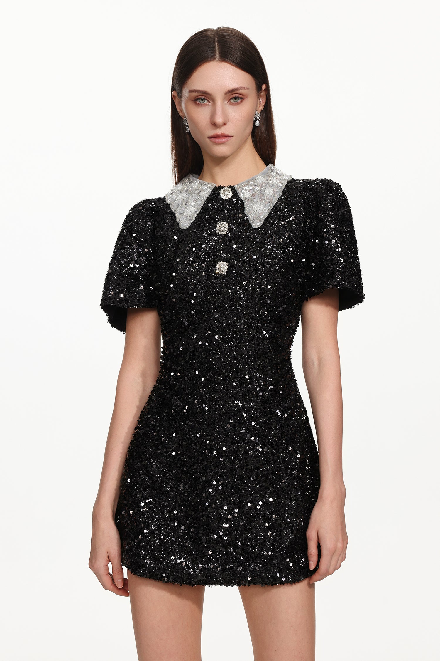 DORA SEQUIN MINI DRESS - BLACK CONTRAST COLLAR PARTY
