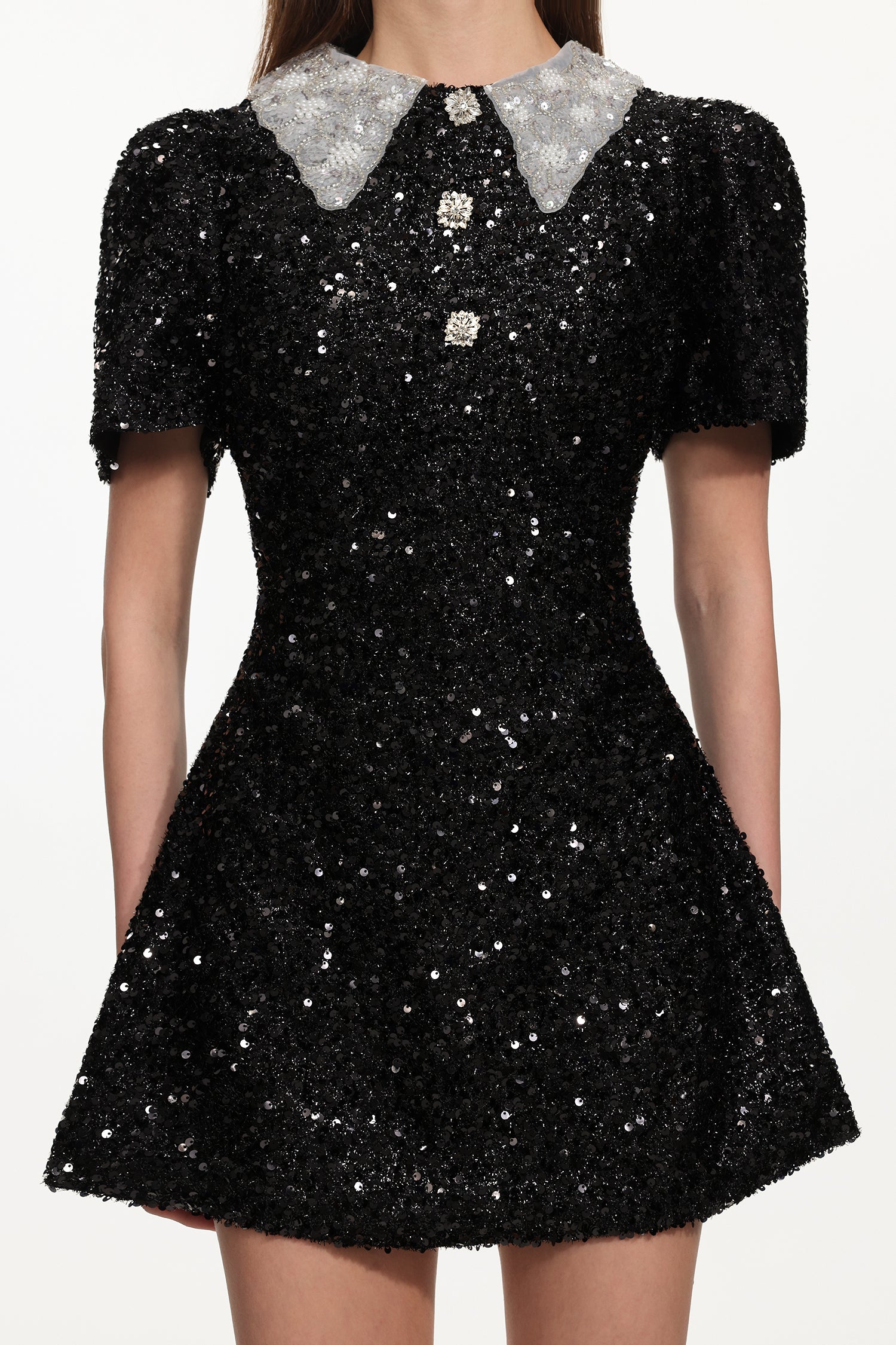 DORA SEQUIN MINI DRESS - BLACK CONTRAST COLLAR PARTY