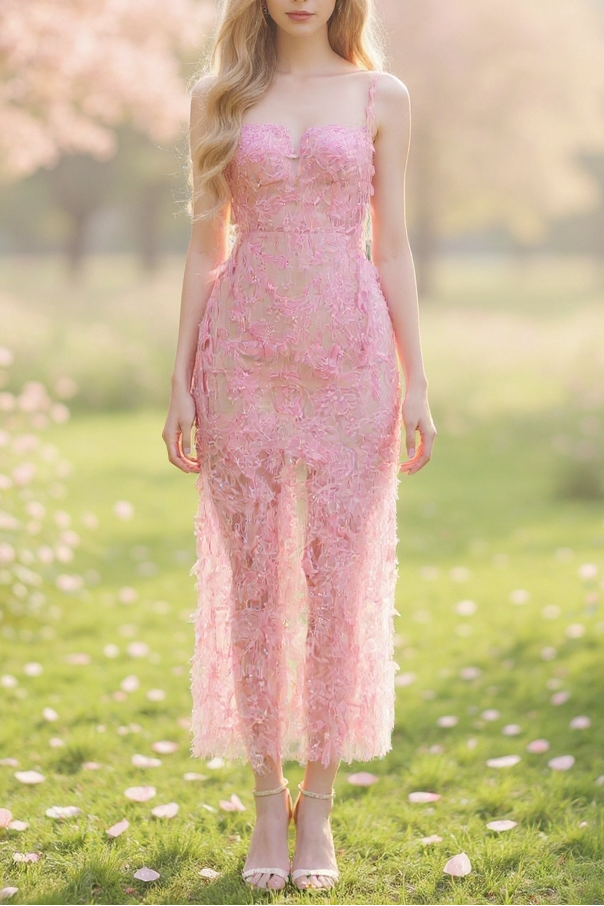 PINK BEADED LACE PENCIL COCKTAIL DRESS