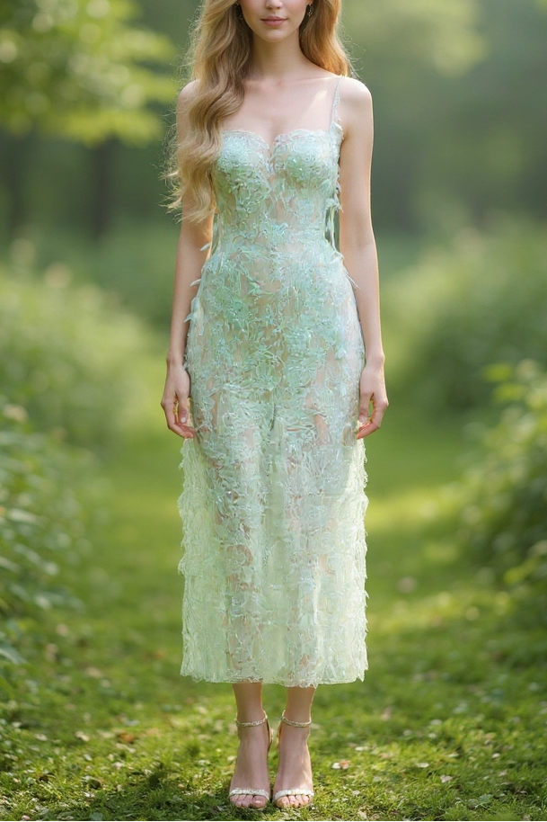MINT BEADED LACE PENCIL COCKTAIL DRESS
