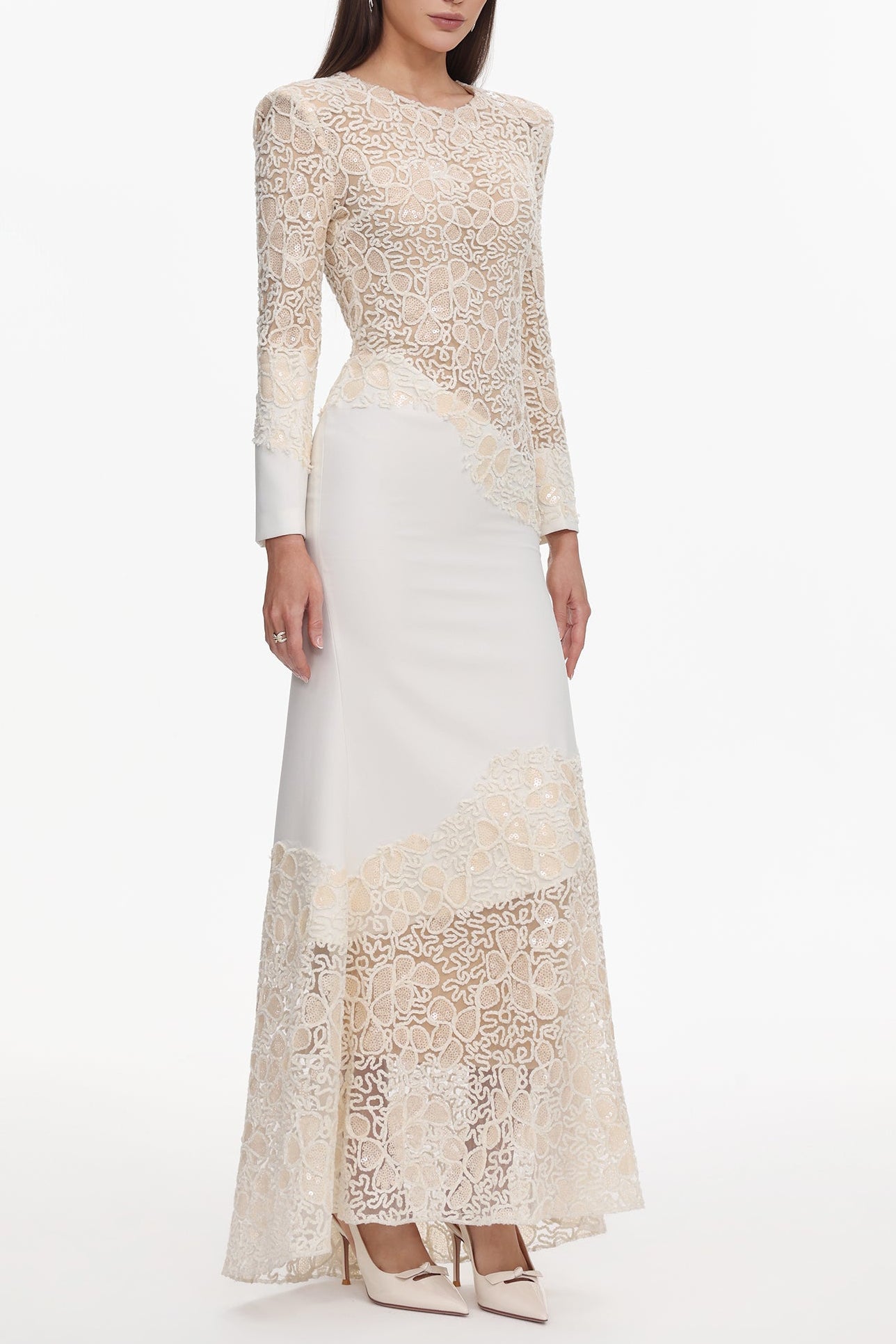 JACQUELINE BEIGE LACE MAXI DRESS, LONG SLEEVE, WEDDING GUEST