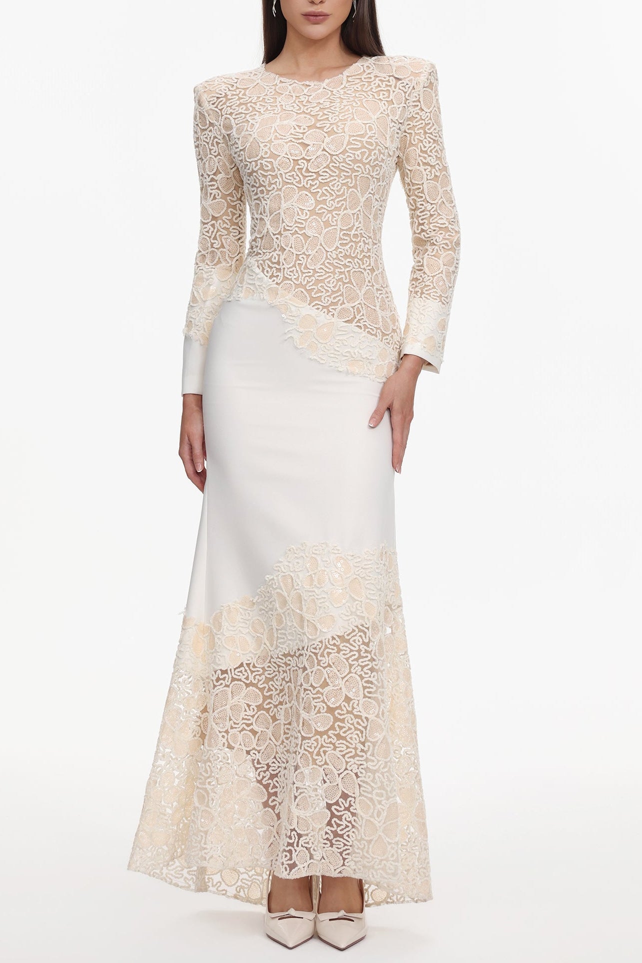 JACQUELINE BEIGE LACE MAXI DRESS, LONG SLEEVE, WEDDING GUEST