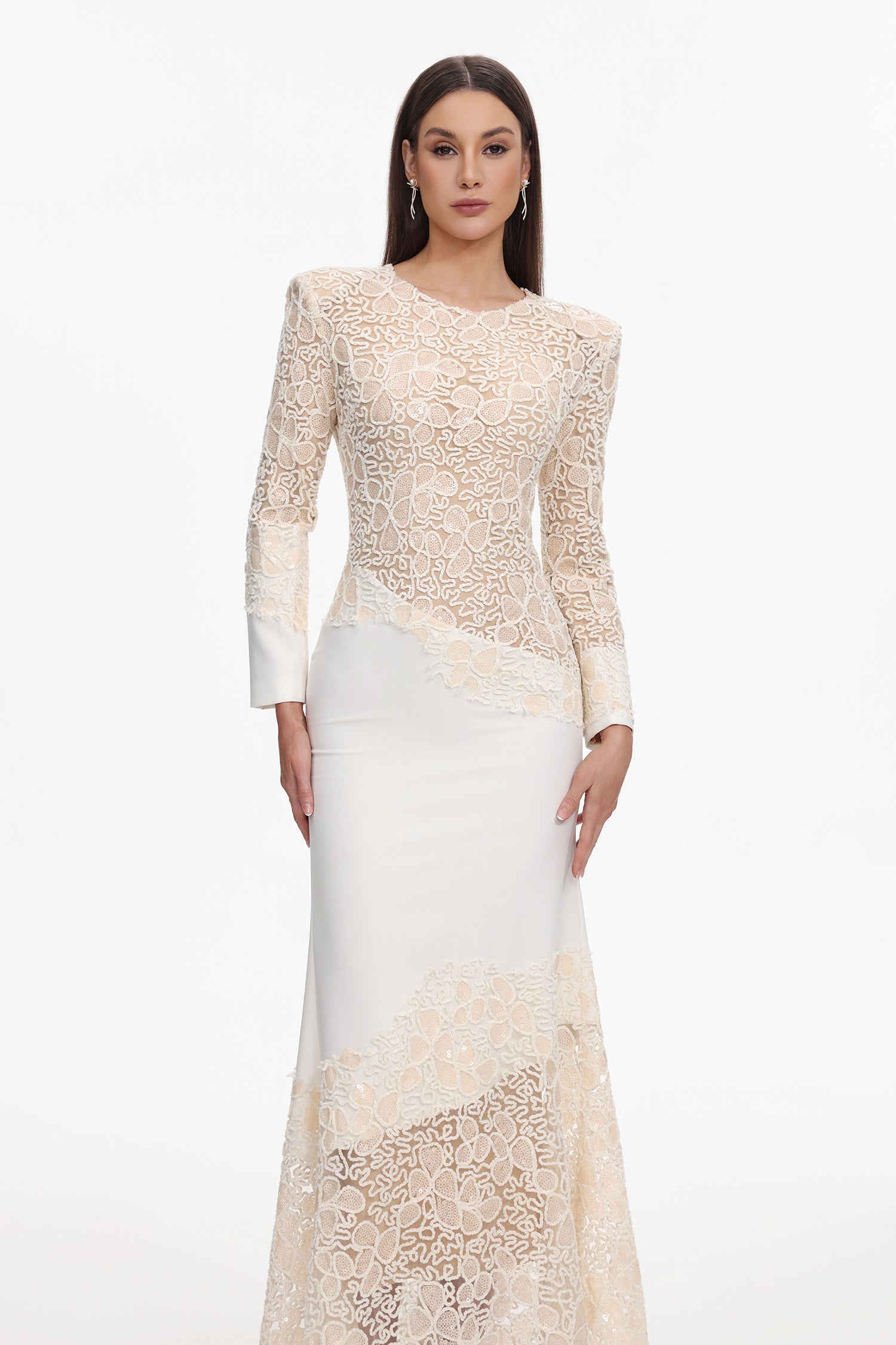 JACQUELINE BEIGE LACE MAXI DRESS, LONG SLEEVE, WEDDING GUEST