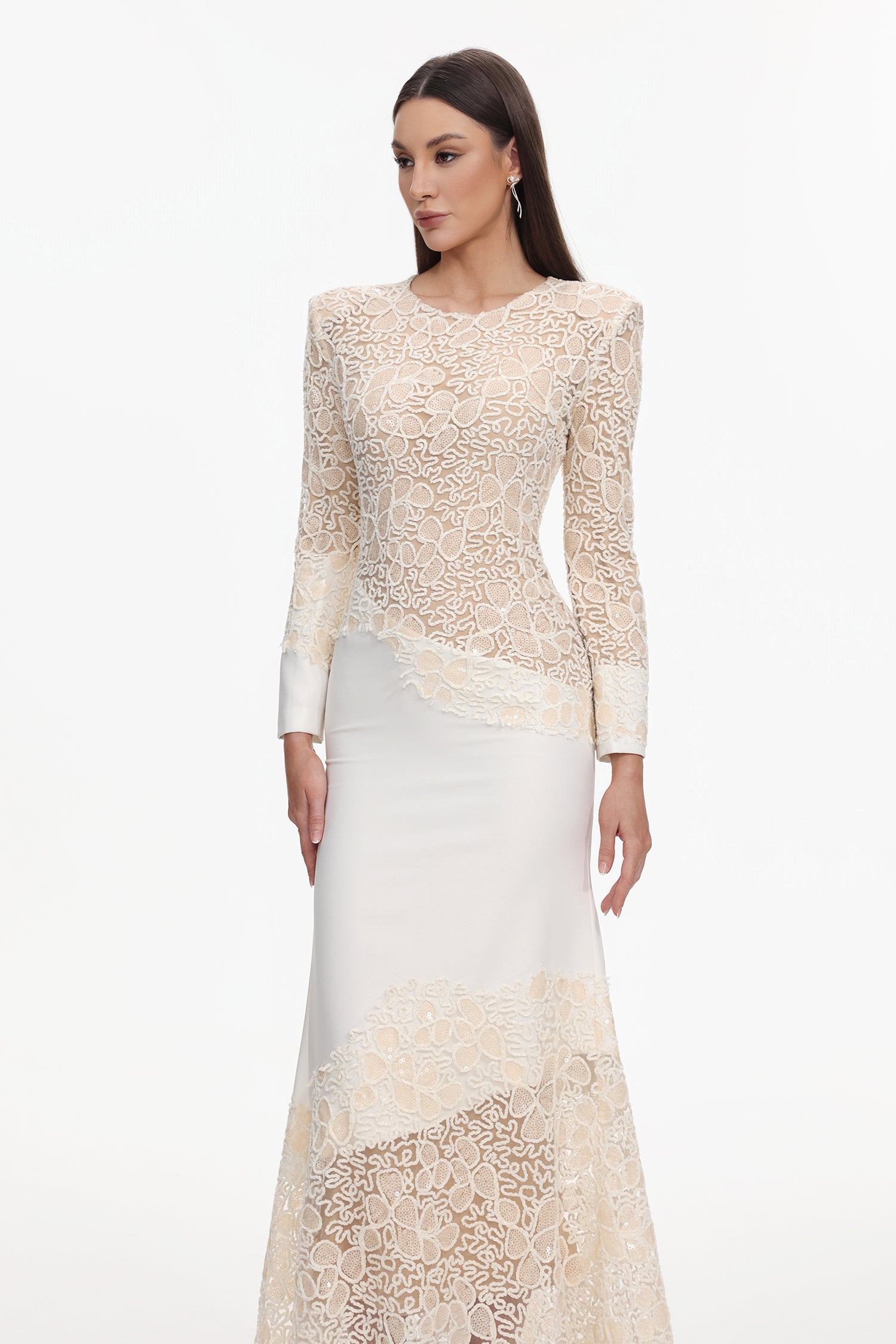 JACQUELINE BEIGE LACE MAXI DRESS, LONG SLEEVE, WEDDING GUEST