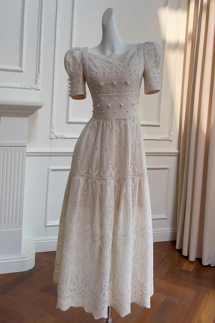 A-LINE LACE MIDI DRESS, LEG OF MUTTON SLEEVES, WEDDING GUEST