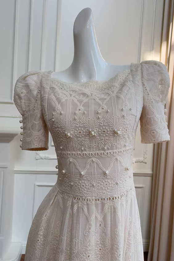 A-LINE LACE MIDI DRESS, LEG OF MUTTON SLEEVES, WEDDING GUEST