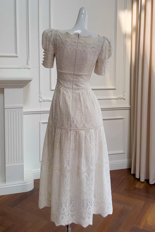 A-LINE LACE MIDI DRESS, LEG OF MUTTON SLEEVES, WEDDING GUEST