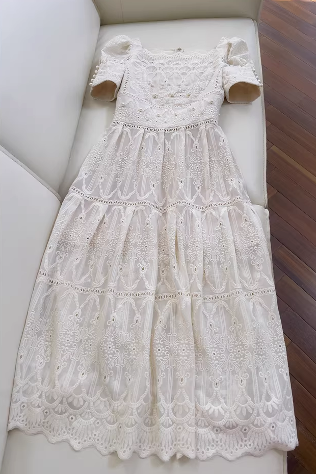 A-LINE LACE MIDI DRESS, LEG OF MUTTON SLEEVES, WEDDING GUEST