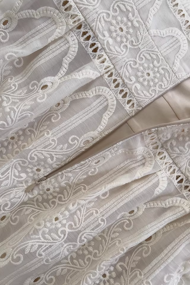 A-LINE LACE MIDI DRESS, LEG OF MUTTON SLEEVES, WEDDING GUEST