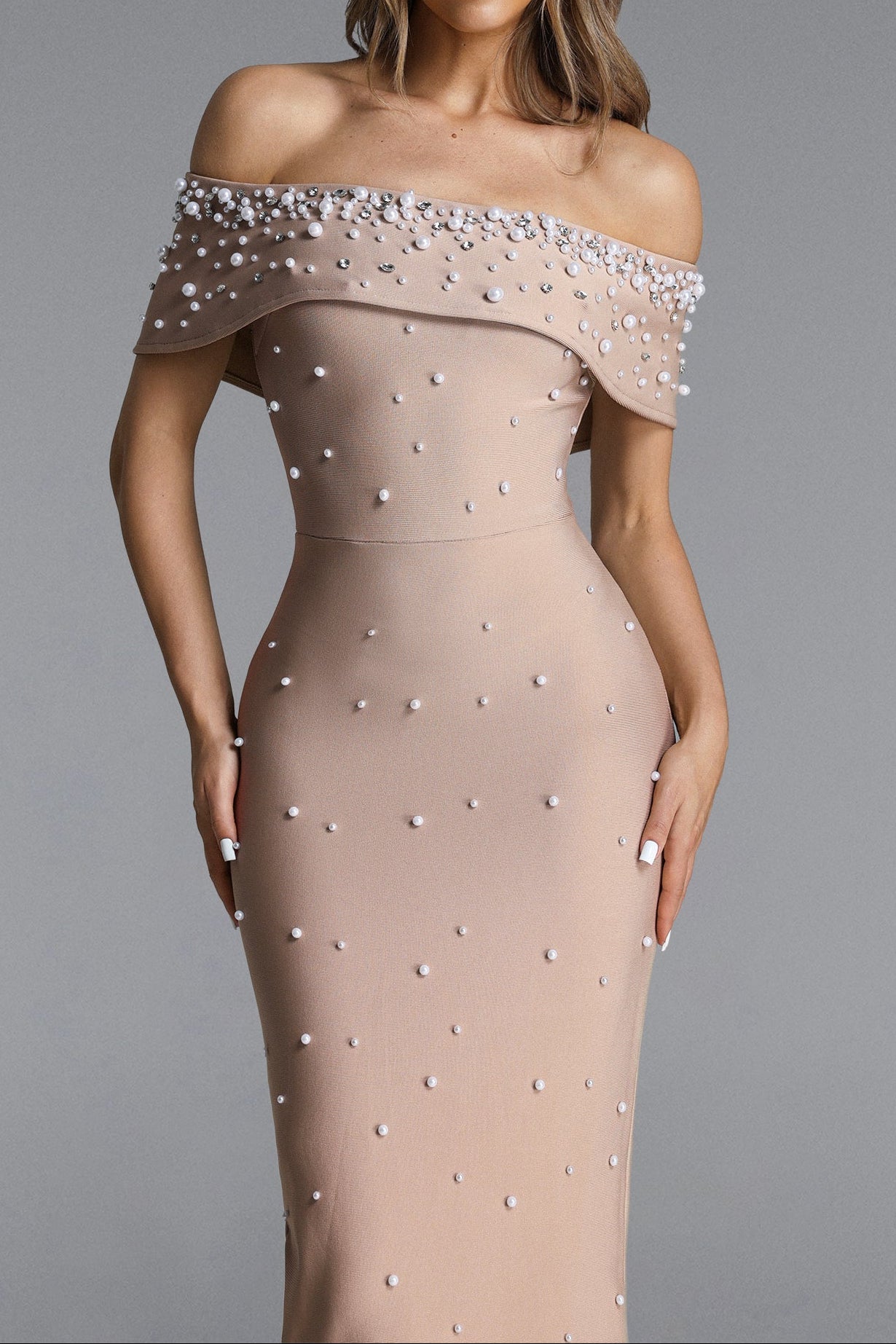 NUDE PEARL OFF-SHOULDER MERMAID MAXI GOWN