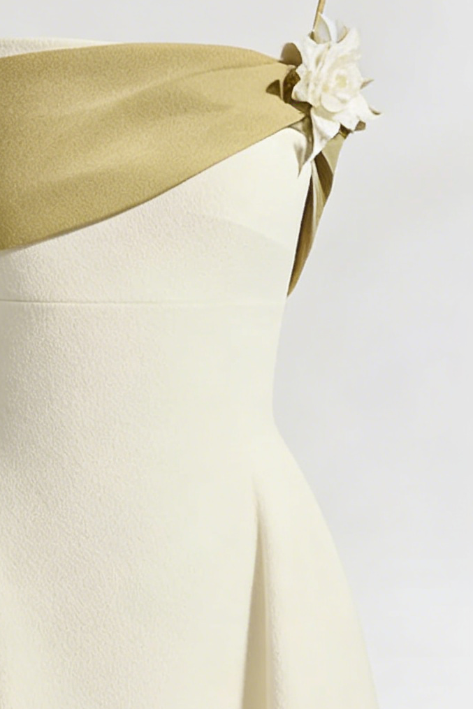 A-LINE OFF-SHOULDER BEIGE MIDI DRESS FOR WEDDING