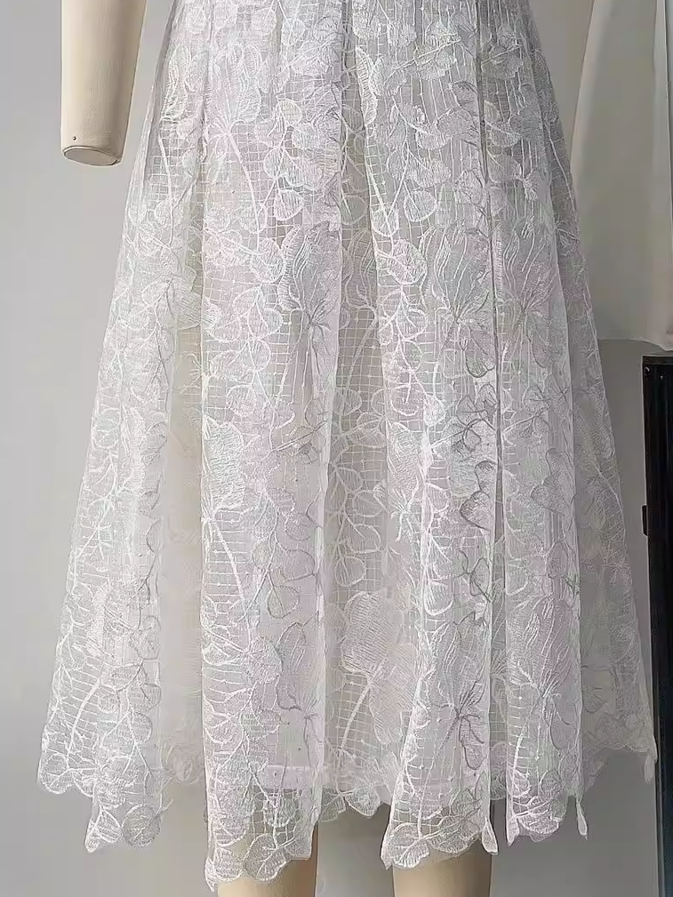 AGNENS WHITE STRAPLESS LACE MIDI DRESS