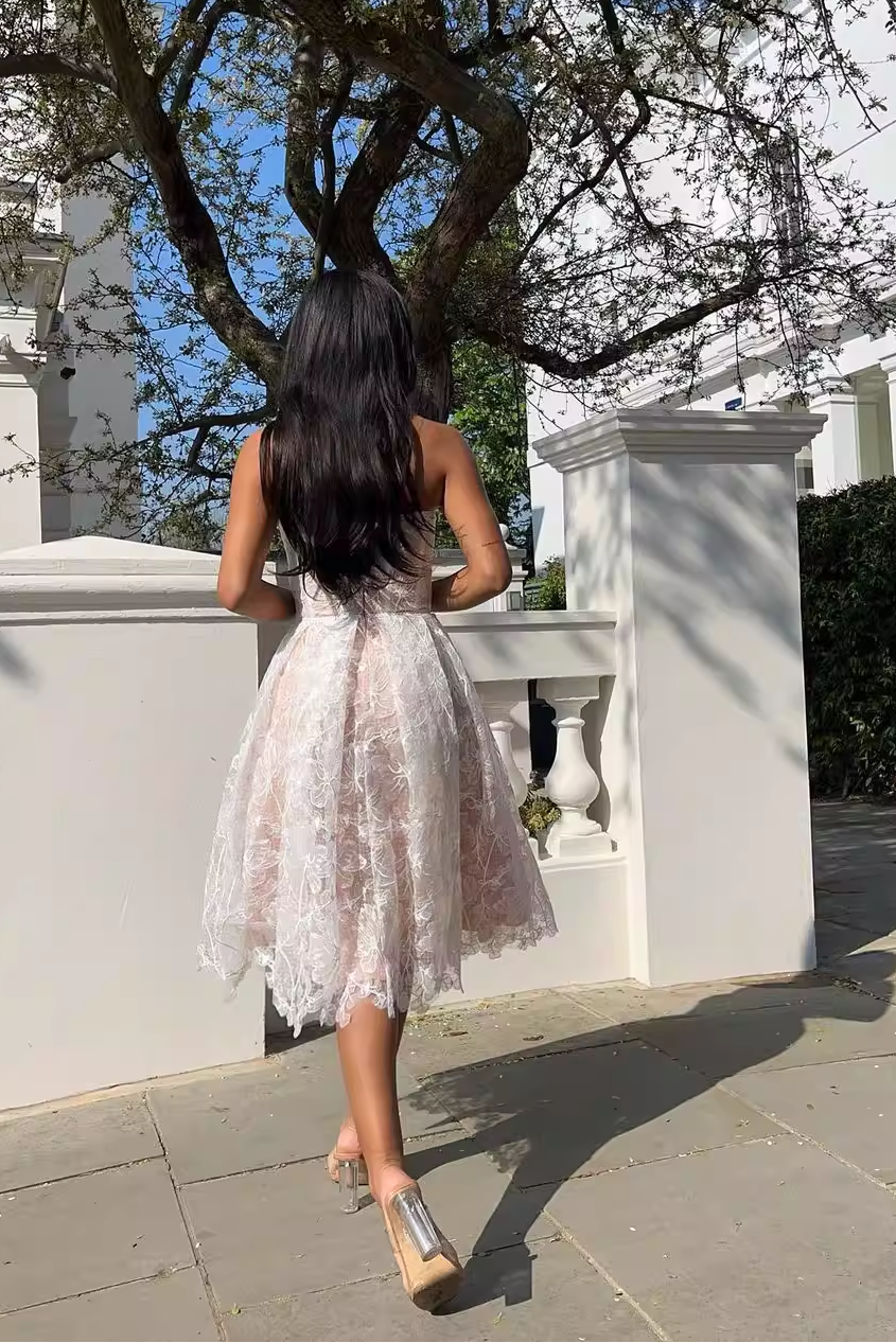 AGNENS WHITE STRAPLESS LACE MIDI DRESS
