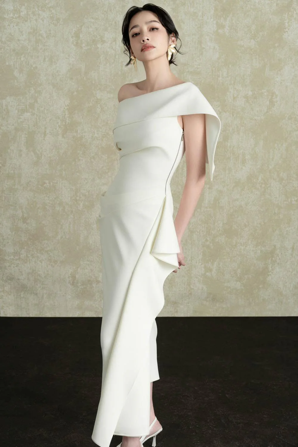 ARENE SHEATH MIDI DRESS, DIAGONAL NECK, SPANDEX COCKTAIL