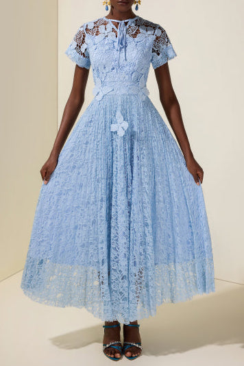 SELENA LACE MIDI DRESS - BLUE BUTTERFLY PLEATS