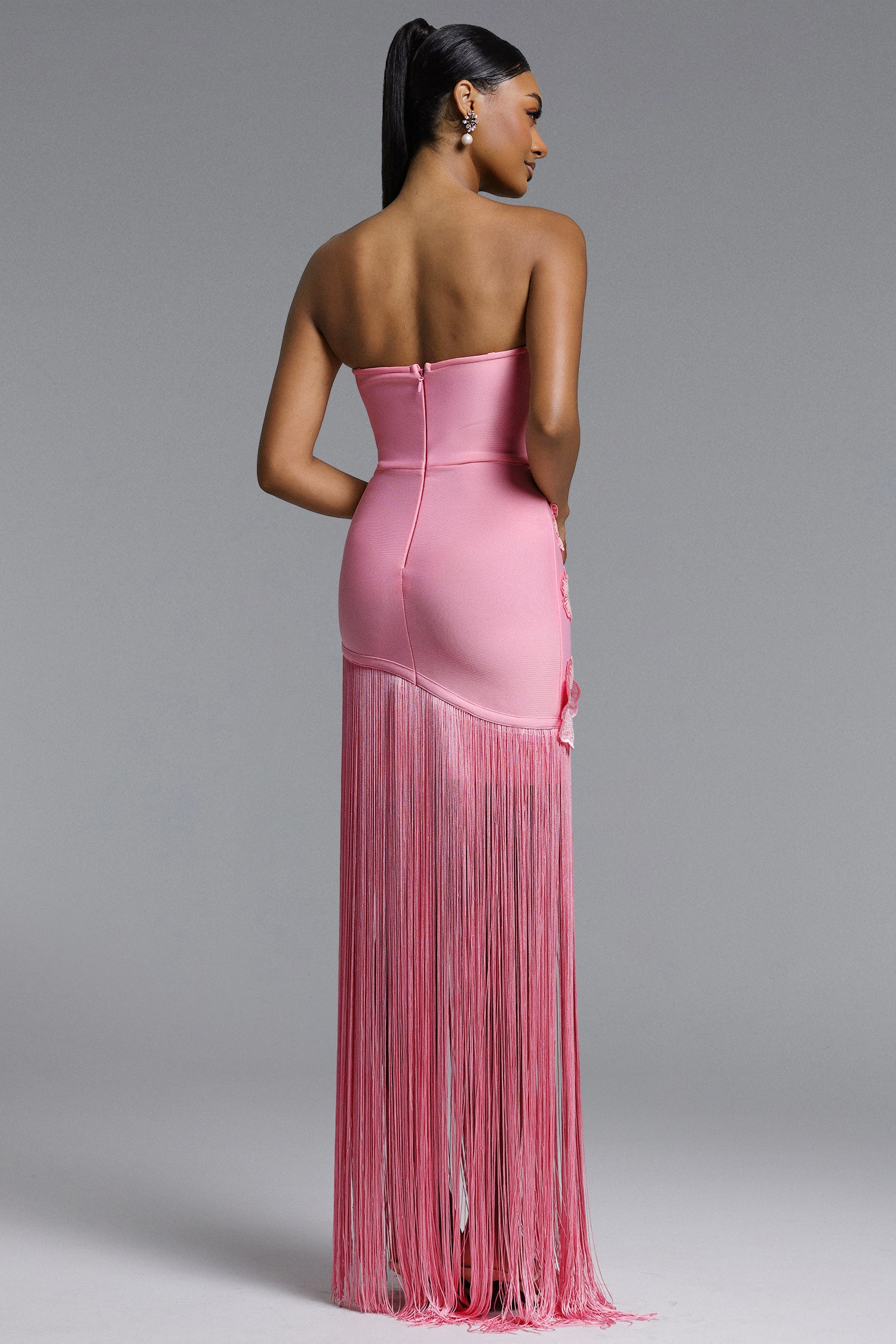 EZGI CHIC CONTOUR STRAPLESS FLORAL FRINGE BANDAGE MAXI DRESS